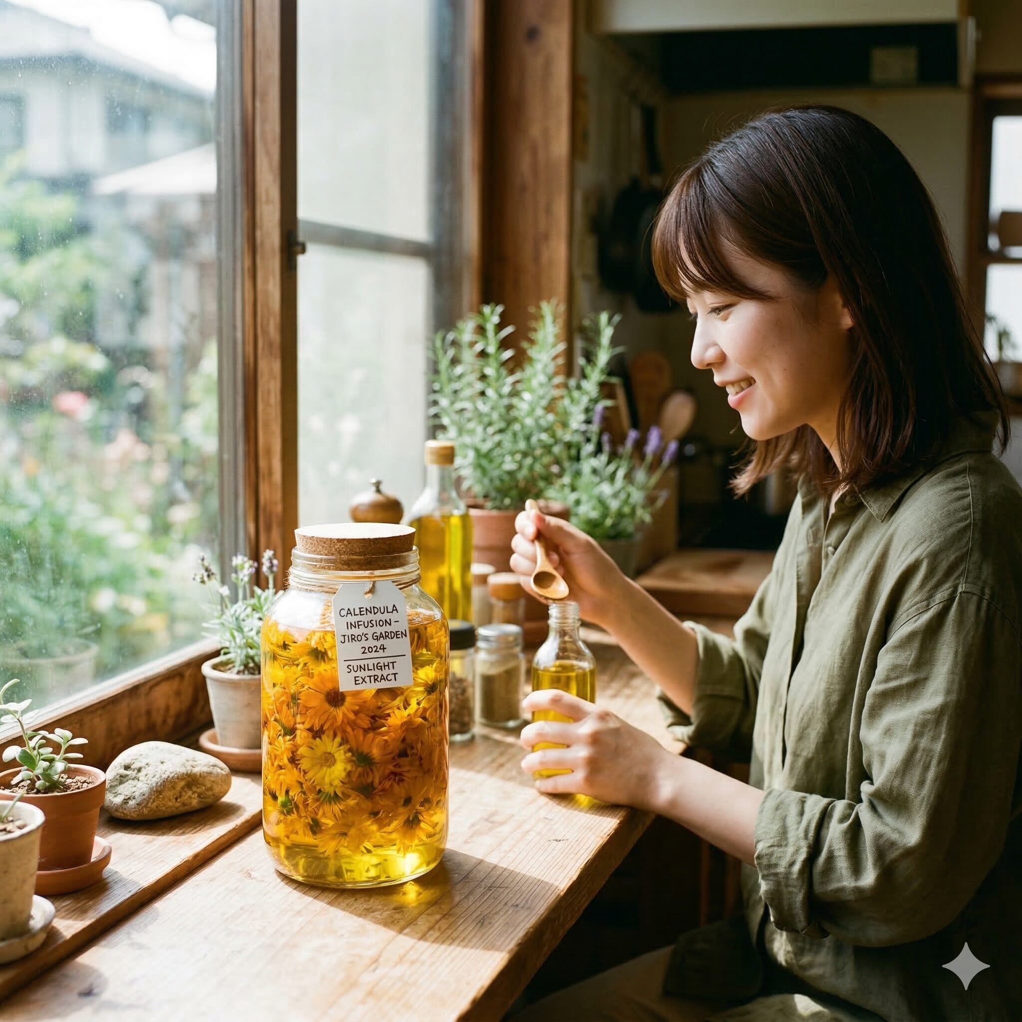 カレンデュラ 匂い8　植物油にカレンデュラの花を浸して成分を抽出するインフューズドオイルの製作工程