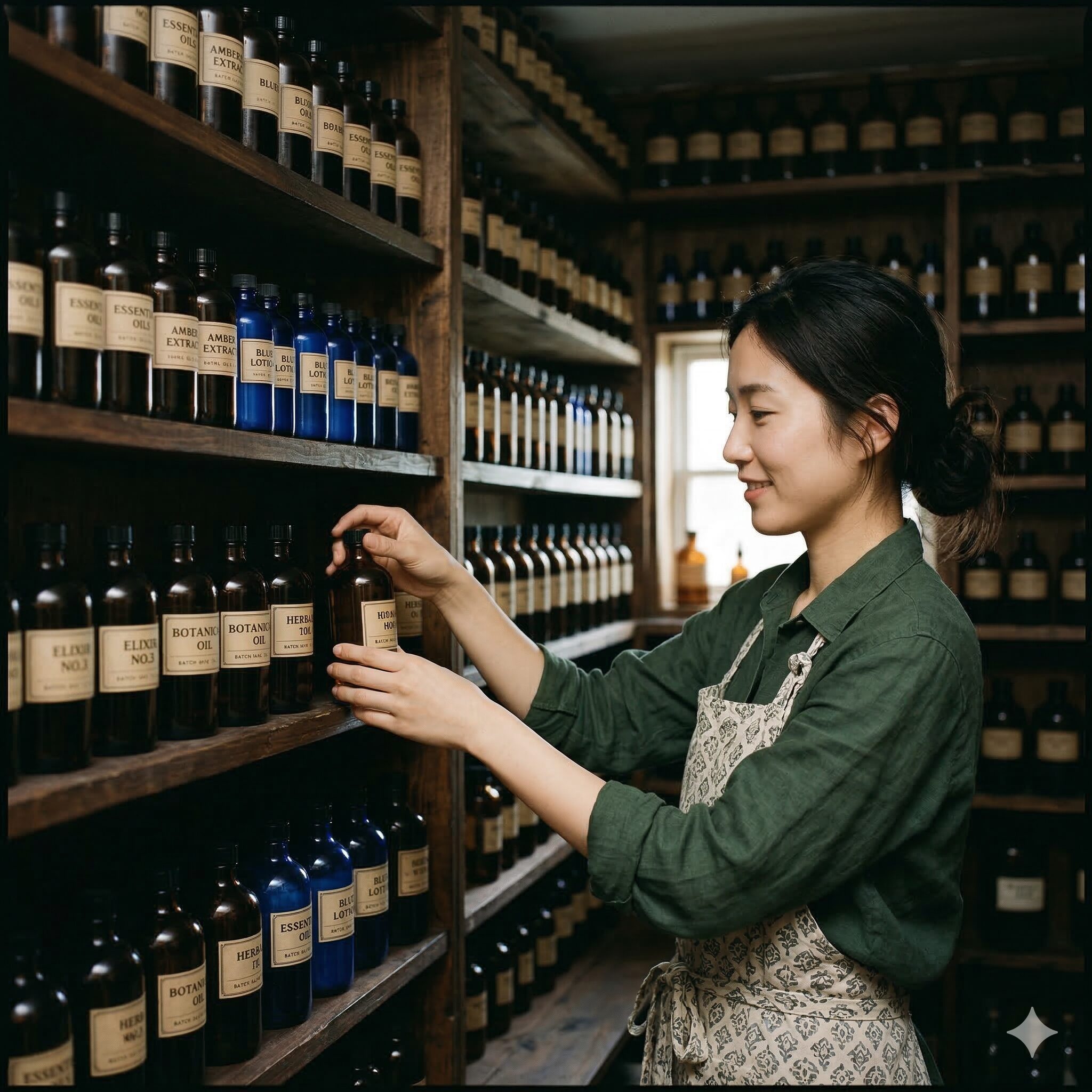 カレンデュラ 匂い9　直射日光を避けるために暗い棚に保管されたカレンデュラオイルの遮光瓶