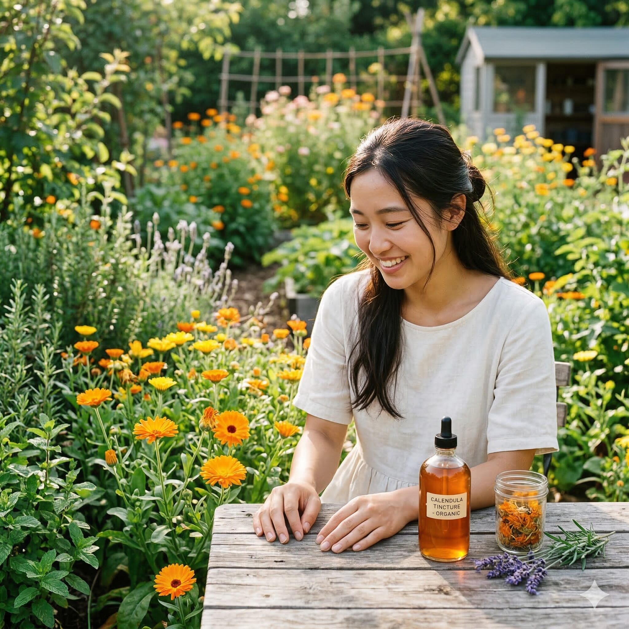 カレンデュラチンキ 作り方1　ハーブガーデンに置かれた琥珀色のカレンデュラチンキの遮光瓶と満開のカレンデュラの花