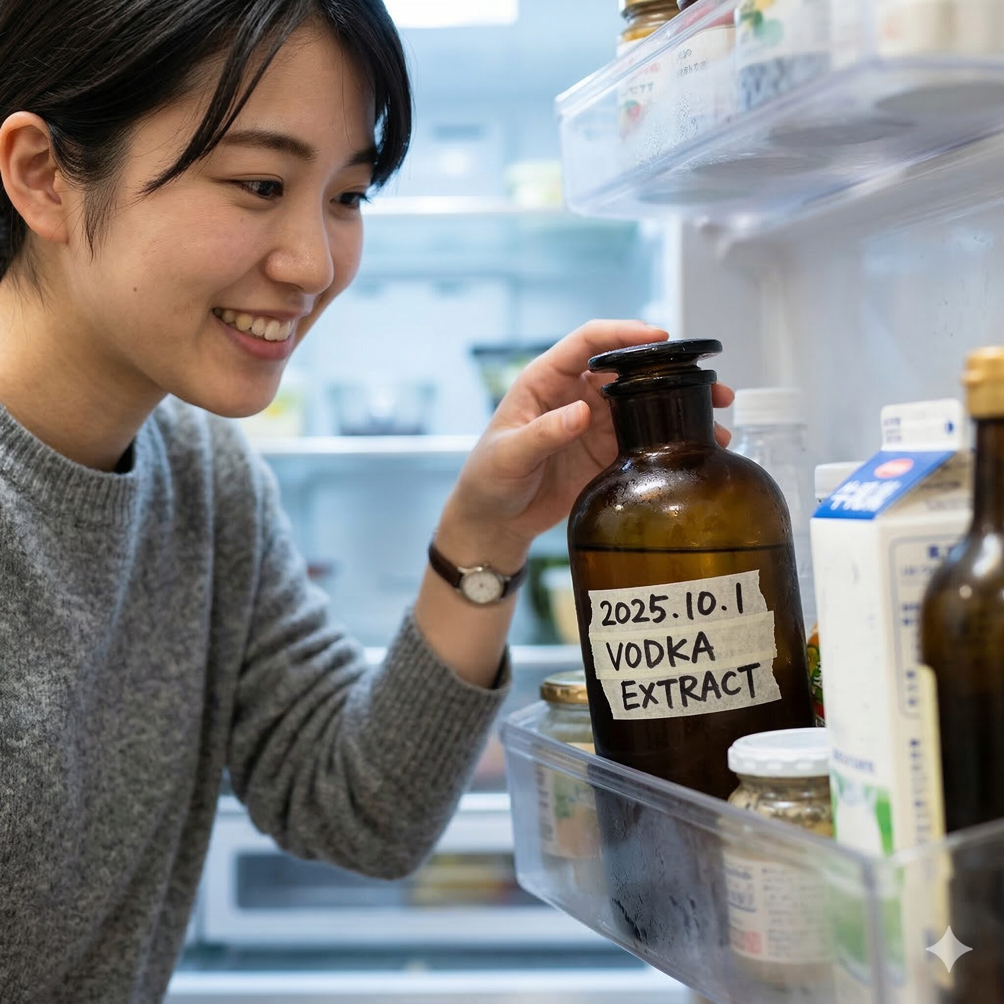 カレンデュラチンキ 作り方10　日付ラベルを貼り冷蔵庫に適切に保管されるカレンデュラチンキの遮光瓶