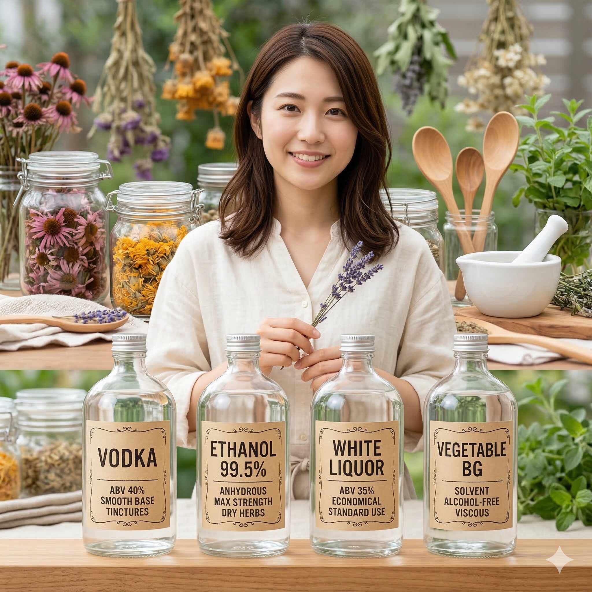 カレンデュラチンキ 作り方2　カレンデュラチンキ作りに使うウォッカ、無水エタノール、ホワイトリカー、植物性BGの比較