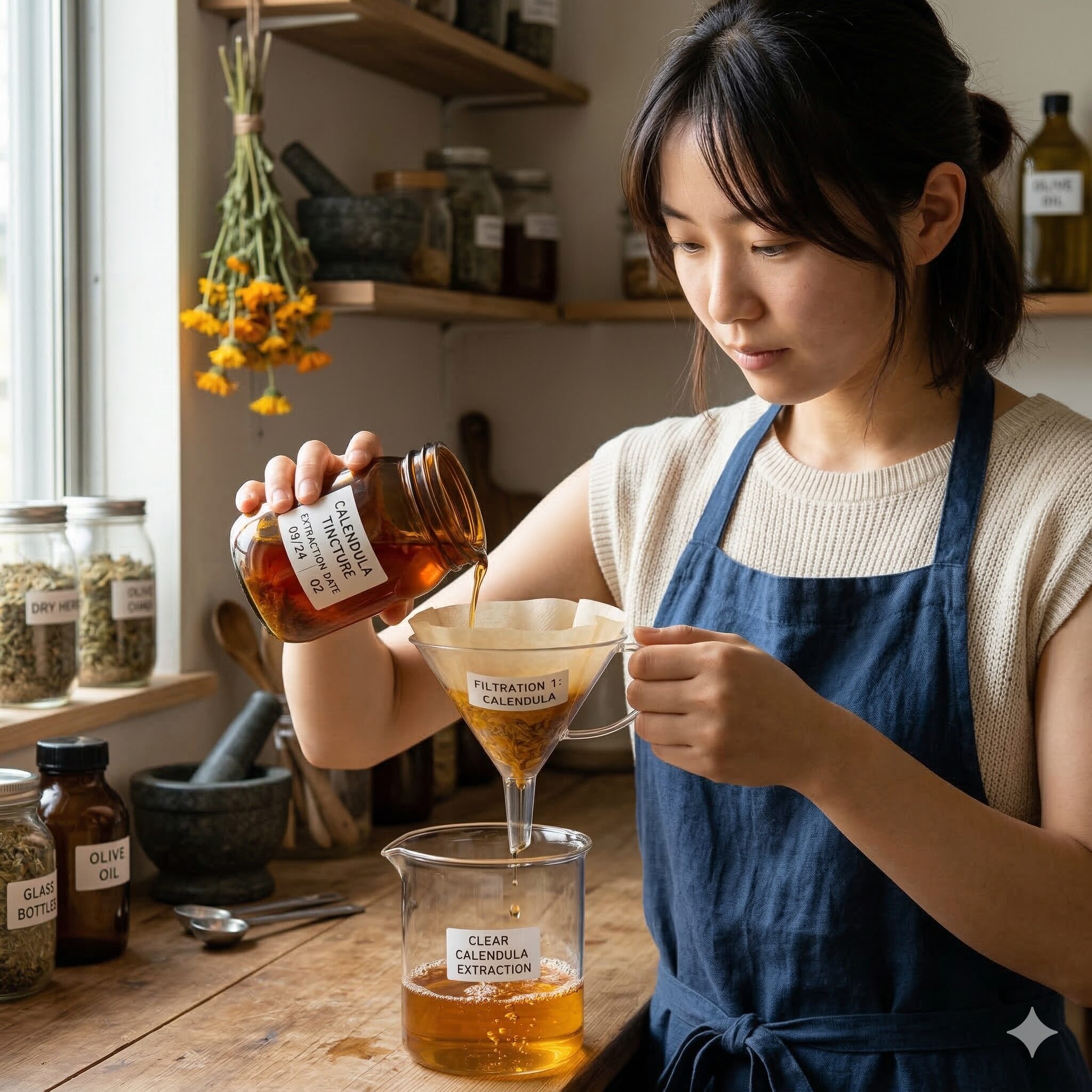 カレンデュラチンキ 作り方4　抽出が完了したカレンデュラチンキをコーヒーフィルターで濾過する手順