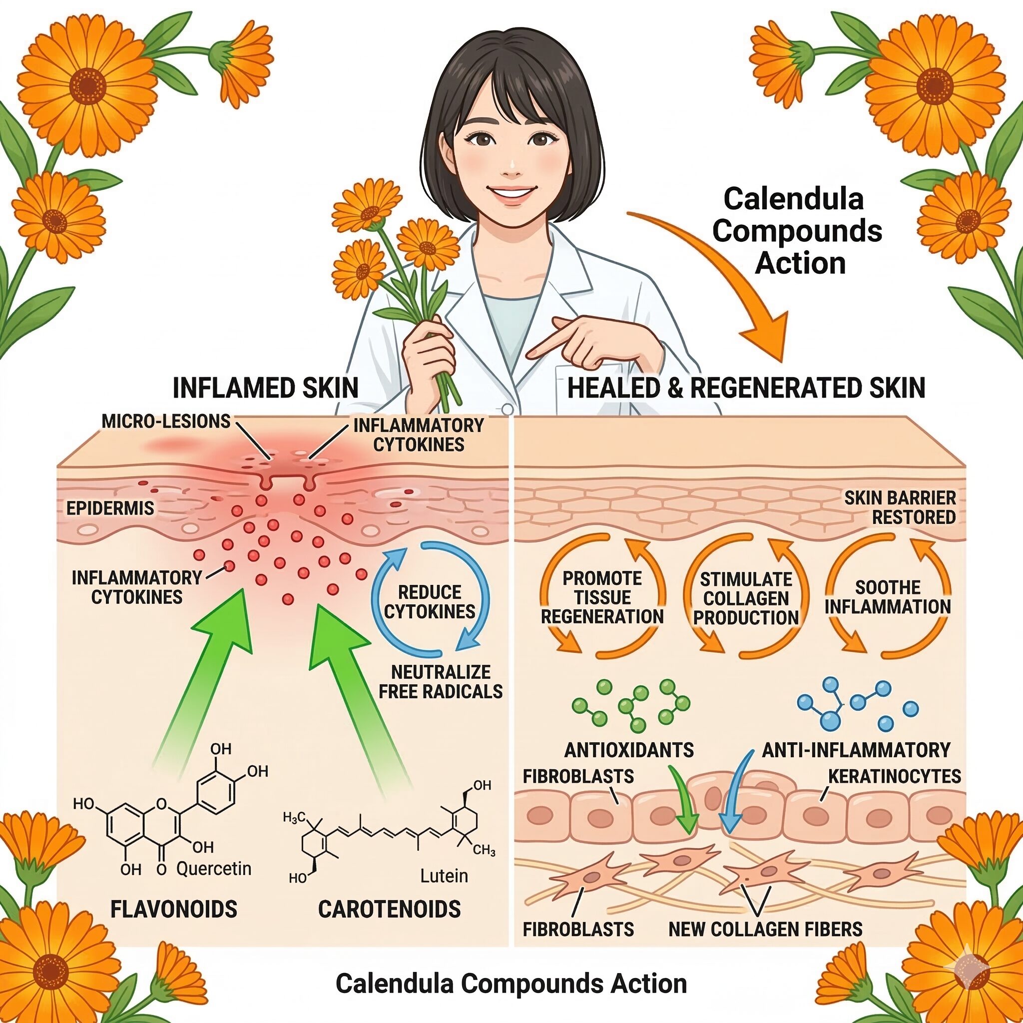 カレンデュラチンキ 作り方5　カレンデュラの抗炎症作用と肌修復作用の仕組みを表した図解イラスト