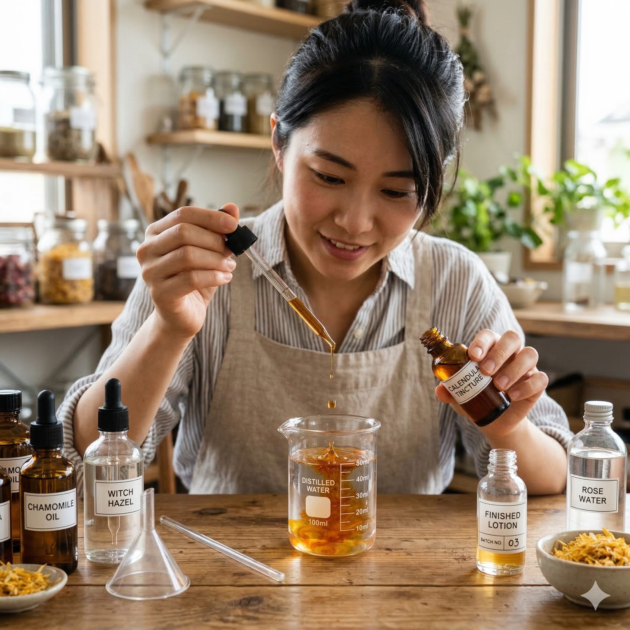 カレンデュラチンキ 作り方6　スポイトでカレンデュラチンキを計量し精製水に混ぜて化粧水を作る様子