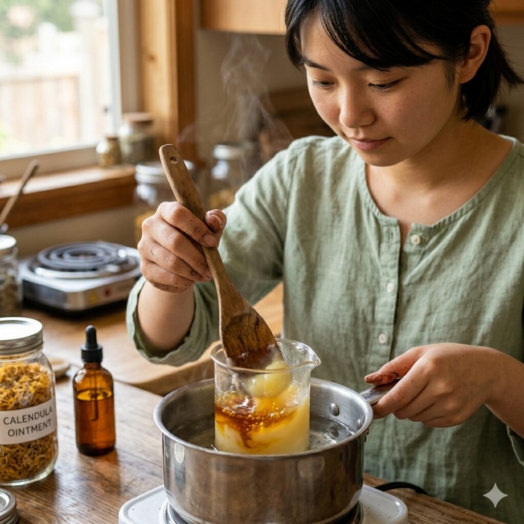 カレンデュラチンキ 作り方7　湯煎したワセリンとカレンデュラチンキを混ぜて万能軟膏を作る様子