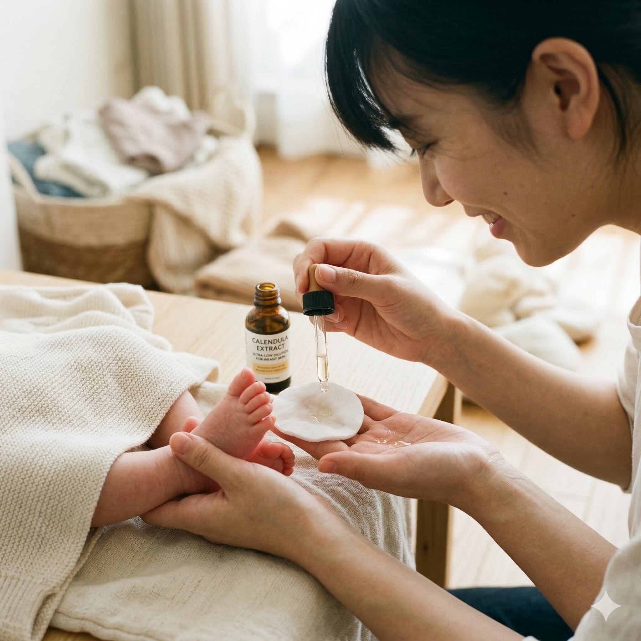 カレンデュラチンキ 作り方8　赤ちゃんのおむつかぶれケア用にコットンに含ませた超低濃度希釈のカレンデュラチンキ