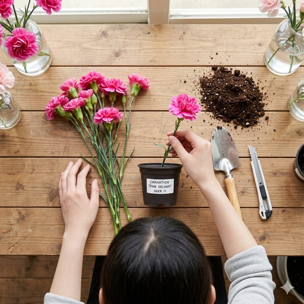 カーネーション 挿し木 切り花1　カーネーションの切り花を挿し木で増やすための道具と準備が整った風景