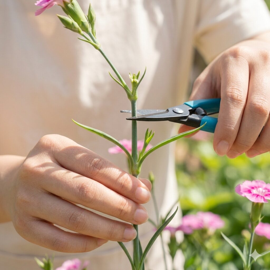 カーネーション 挿し木 切り花10 脇芽を増やして株を大きくするためにカーネーションの先端を摘心する作業
