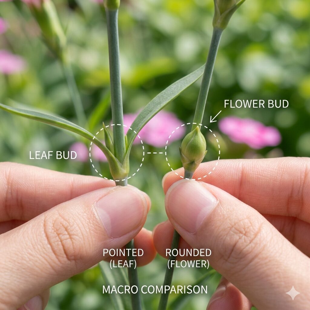 カーネーション 挿し木 切り花3 カーネーションの葉芽(尖った芽)と花芽(丸い芽)の違いを比較したマクロ写真