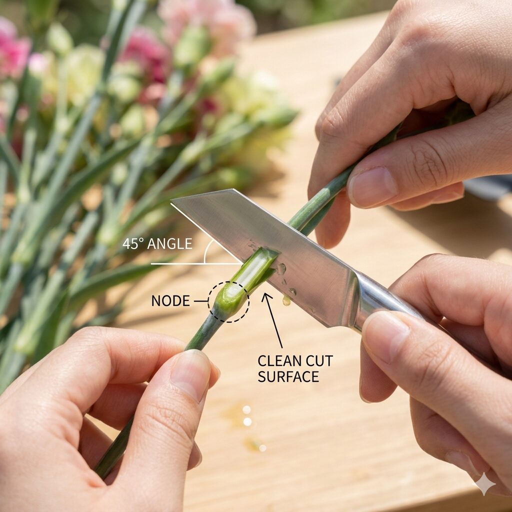カーネーション 挿し木 切り花4 カッターでカーネーションの茎を斜め45度にカットする正しい挿し穂の作り方