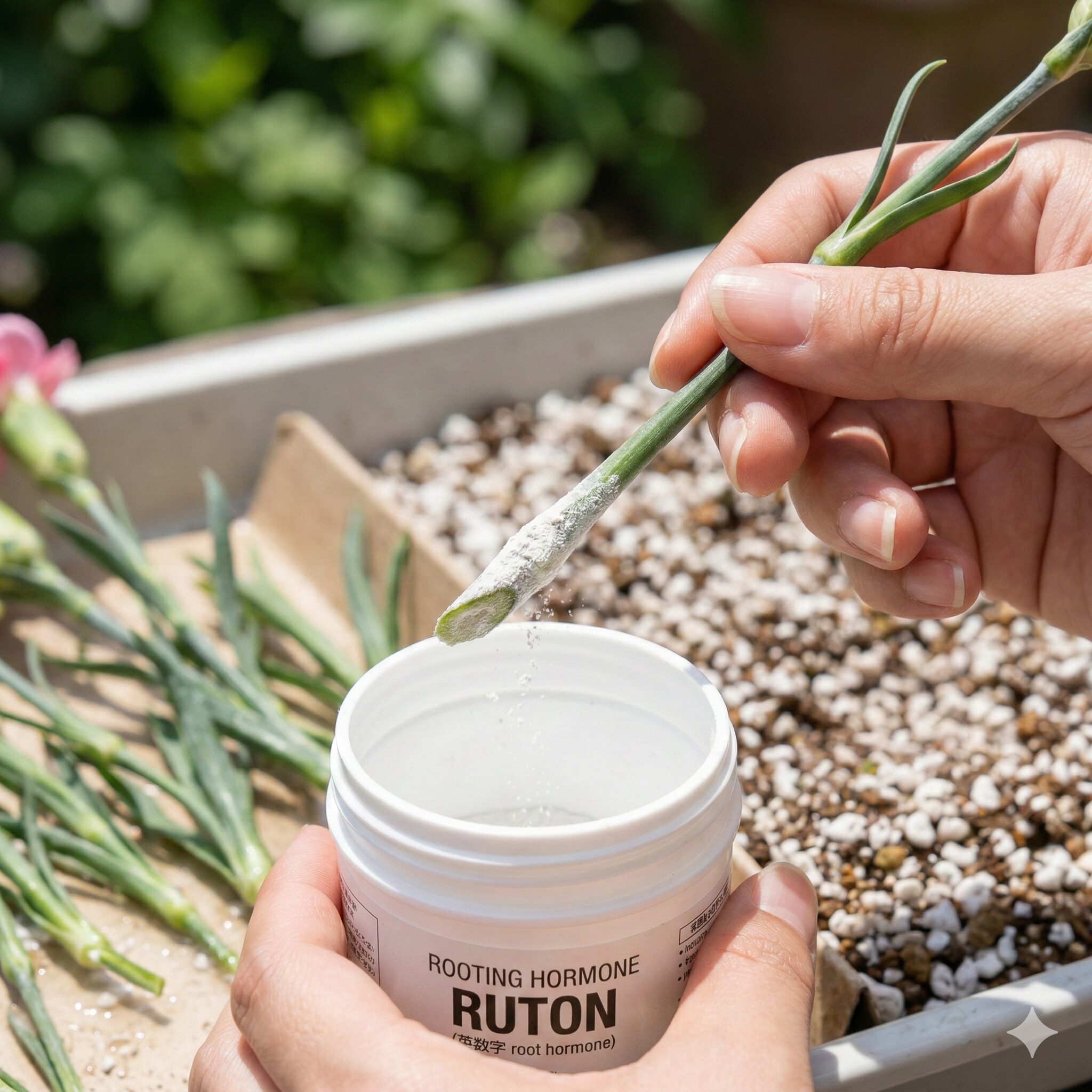 カーネーション 挿し木 切り花5 発根を促進するためにカーネーションの切り口にルートン粉末をまぶす様子