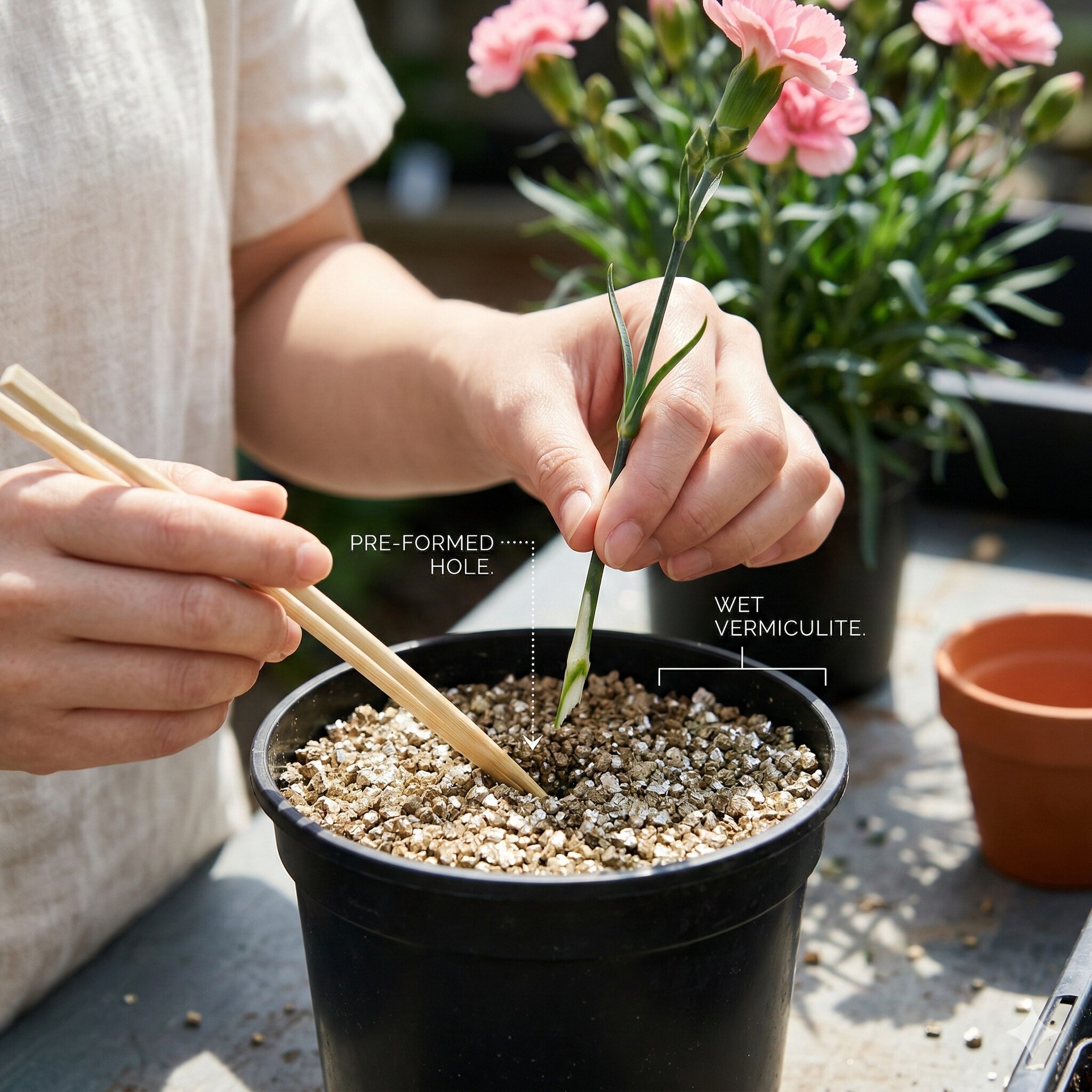 カーネーション 挿し木 切り花6 清潔なバーミキュライトにカーネーションの挿し穂を植え付ける園芸作業