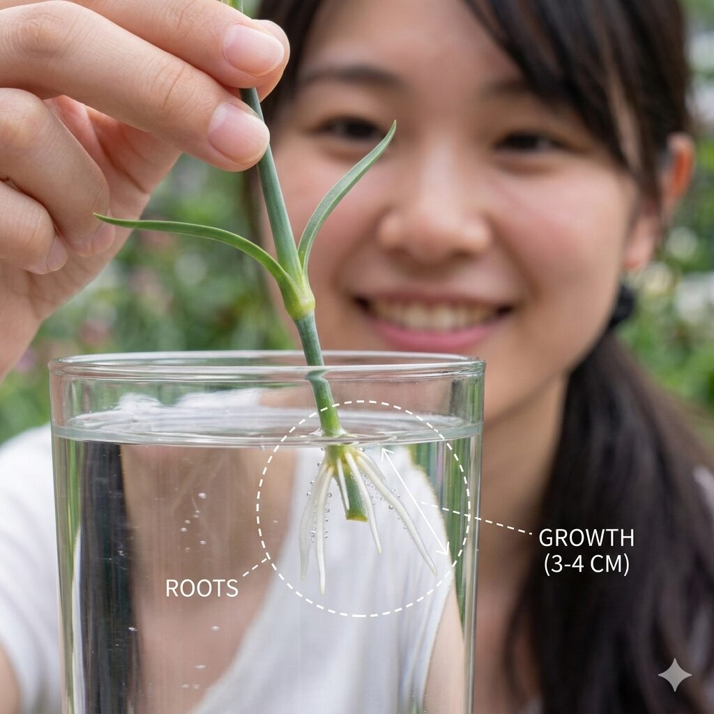 カーネーション 挿し木 切り花7 水差し管理でカーネーションの茎から新しく伸びてきた白い根