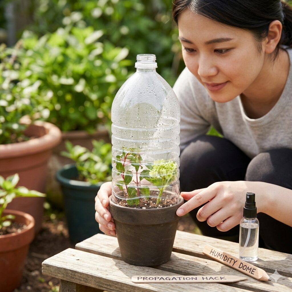 カーネーション 挿し木 切り花8 乾燥を防ぐためにペットボトルで密閉管理するカーネーションの挿し木