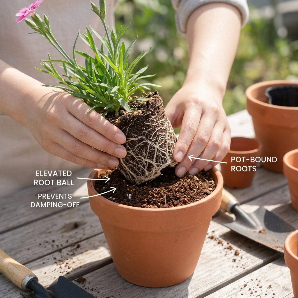 カーネーション 挿し木 切り花9 発根したカーネーションの苗を新しい鉢へ高植えで植え替える手順