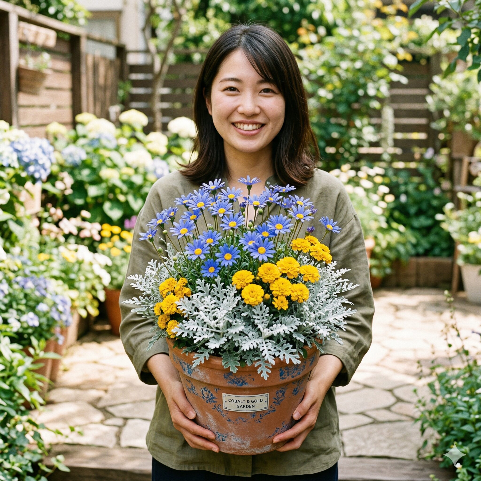 キング フィッシャー デージー 種まき 時期10　黄色やシルバーの植物と美しく調和した青い花の寄せ植え