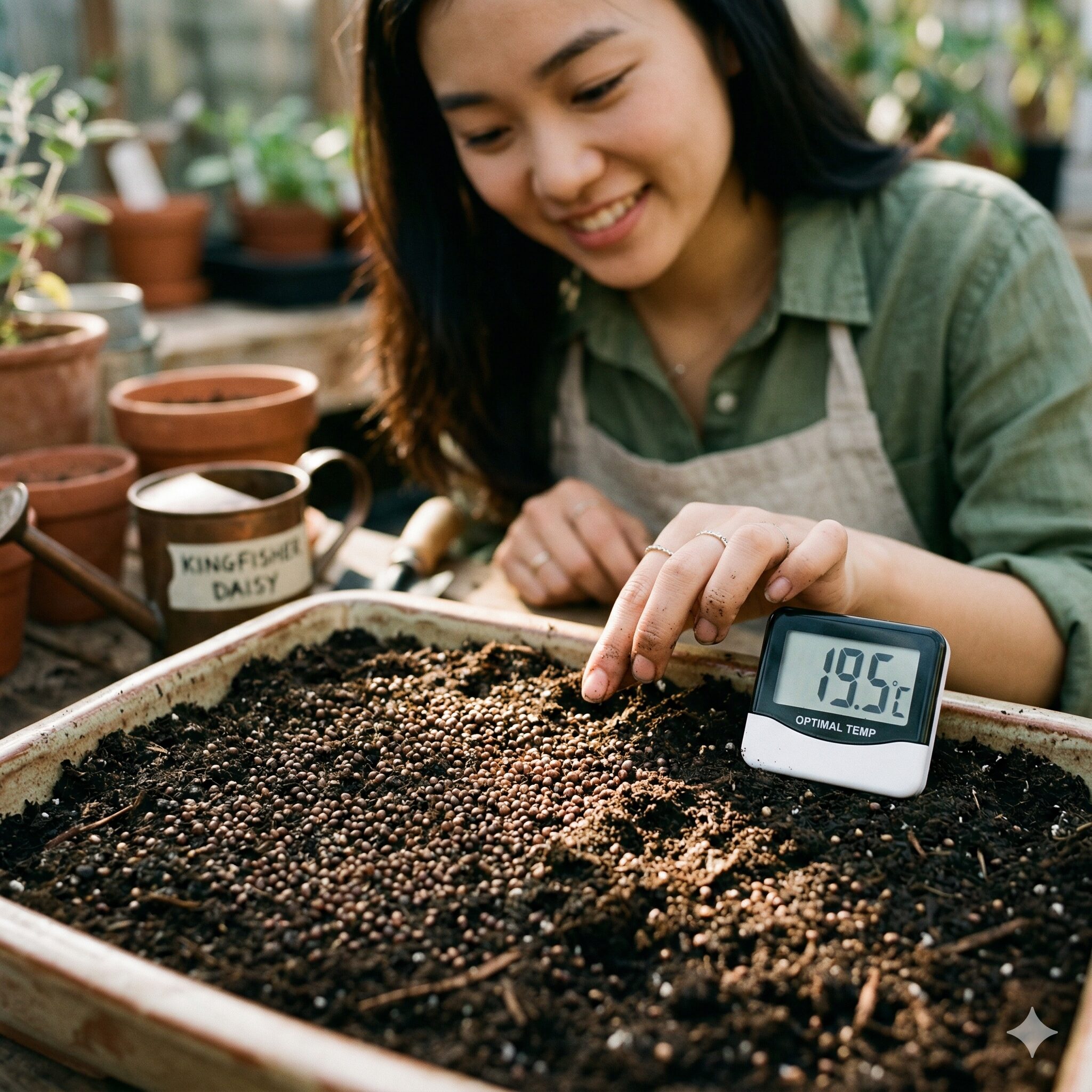 キング フィッシャー デージー 種まき 時期2　表面播種されたキングフィッシャーデージーの種と発芽適温を示す温度計