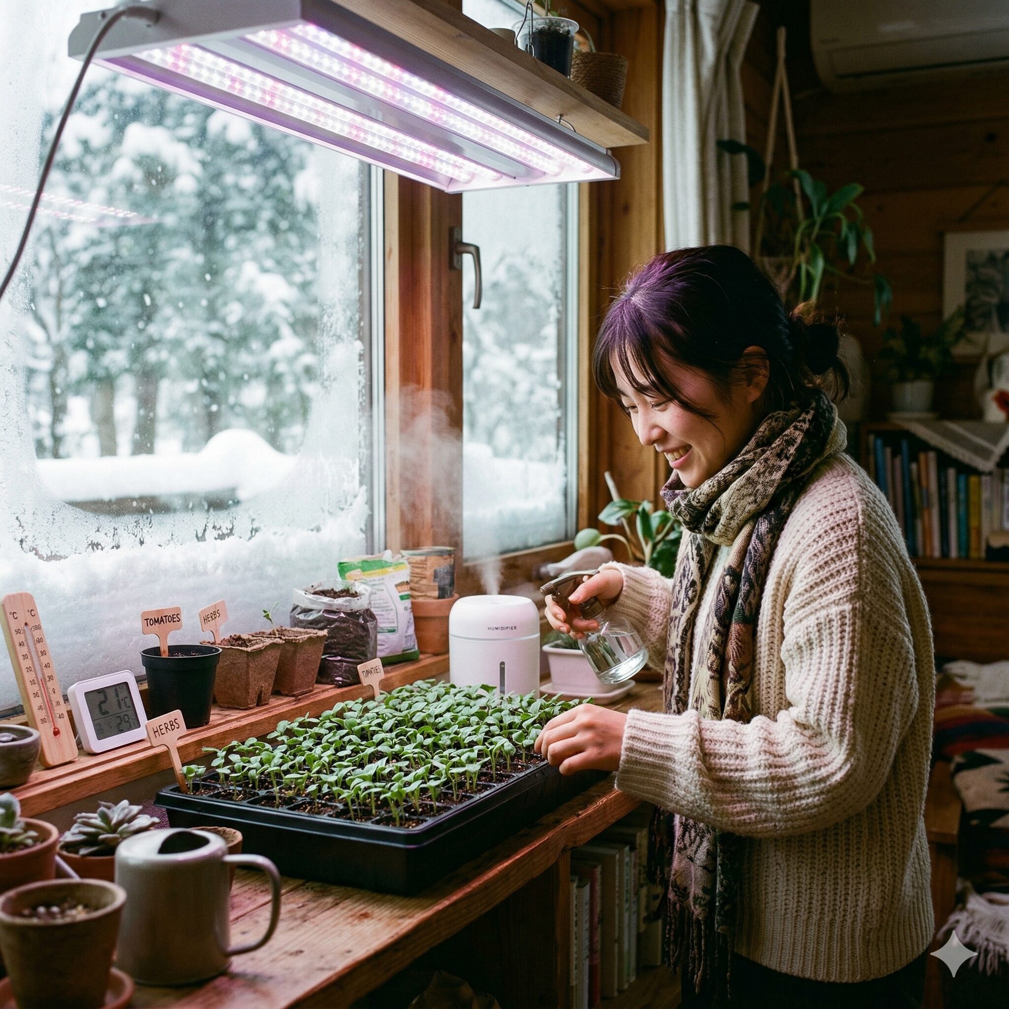 キング フィッシャー デージー 種まき 時期4　寒冷地の冬に室内でLEDライトを使って育苗される苗の様子