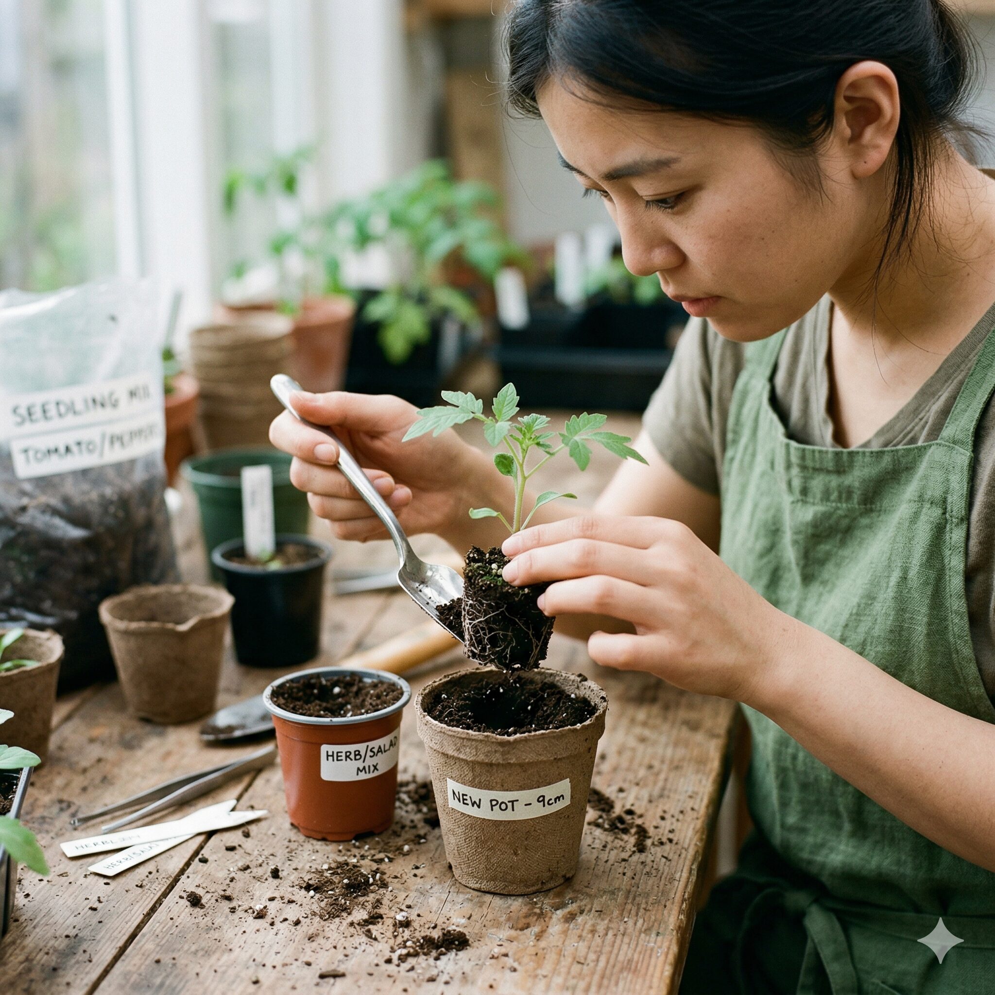 キング フィッシャー デージー 種まき 時期6　本葉が4枚展開した苗をポット上げする繊細な作業風景
