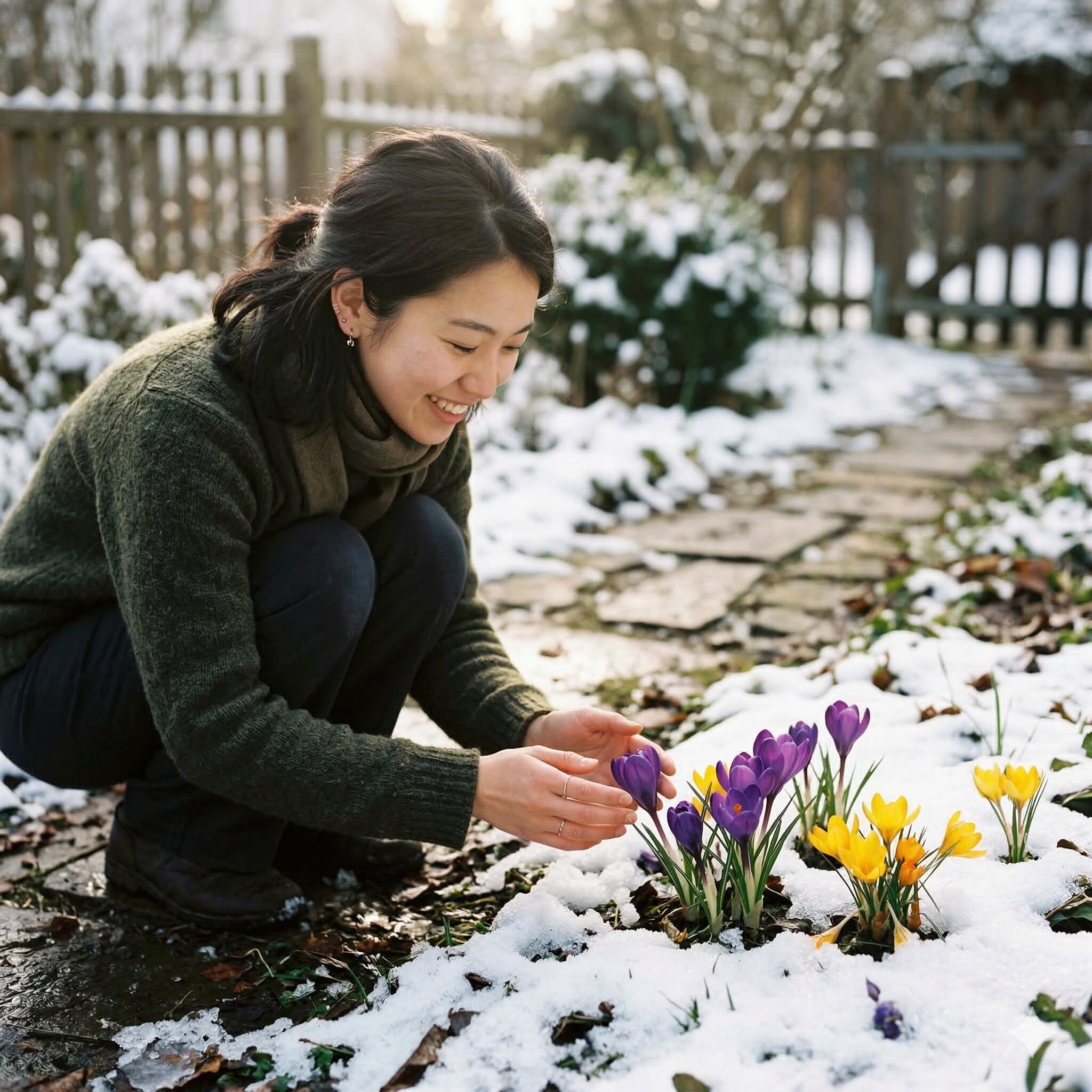 クロッカス 強さ1　雪の中から芽を出し力強く咲く紫と黄色のクロッカスの花