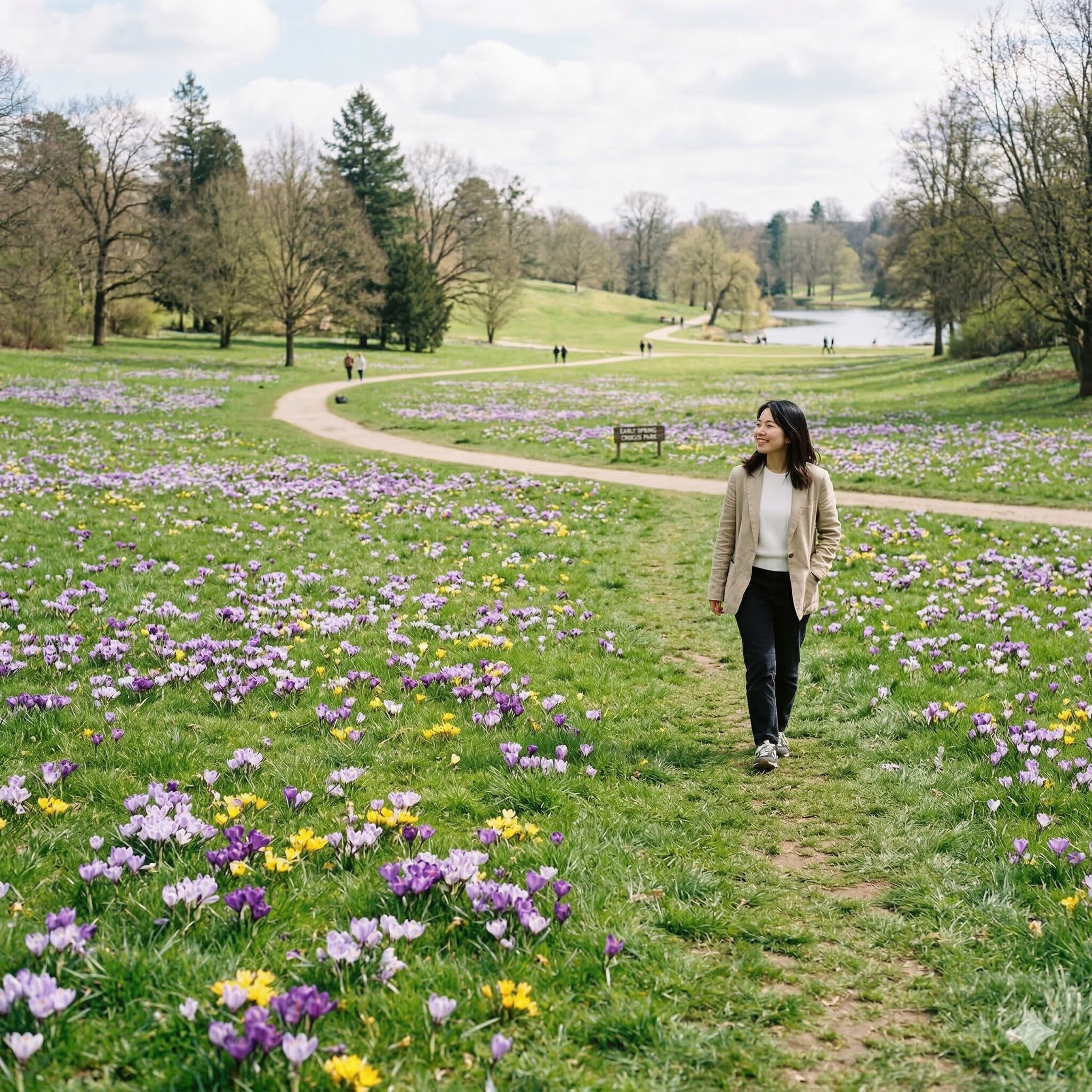 クロッカス 強さ10　芝生の中に自然な形で群生して咲くクロッカスの美しい景観