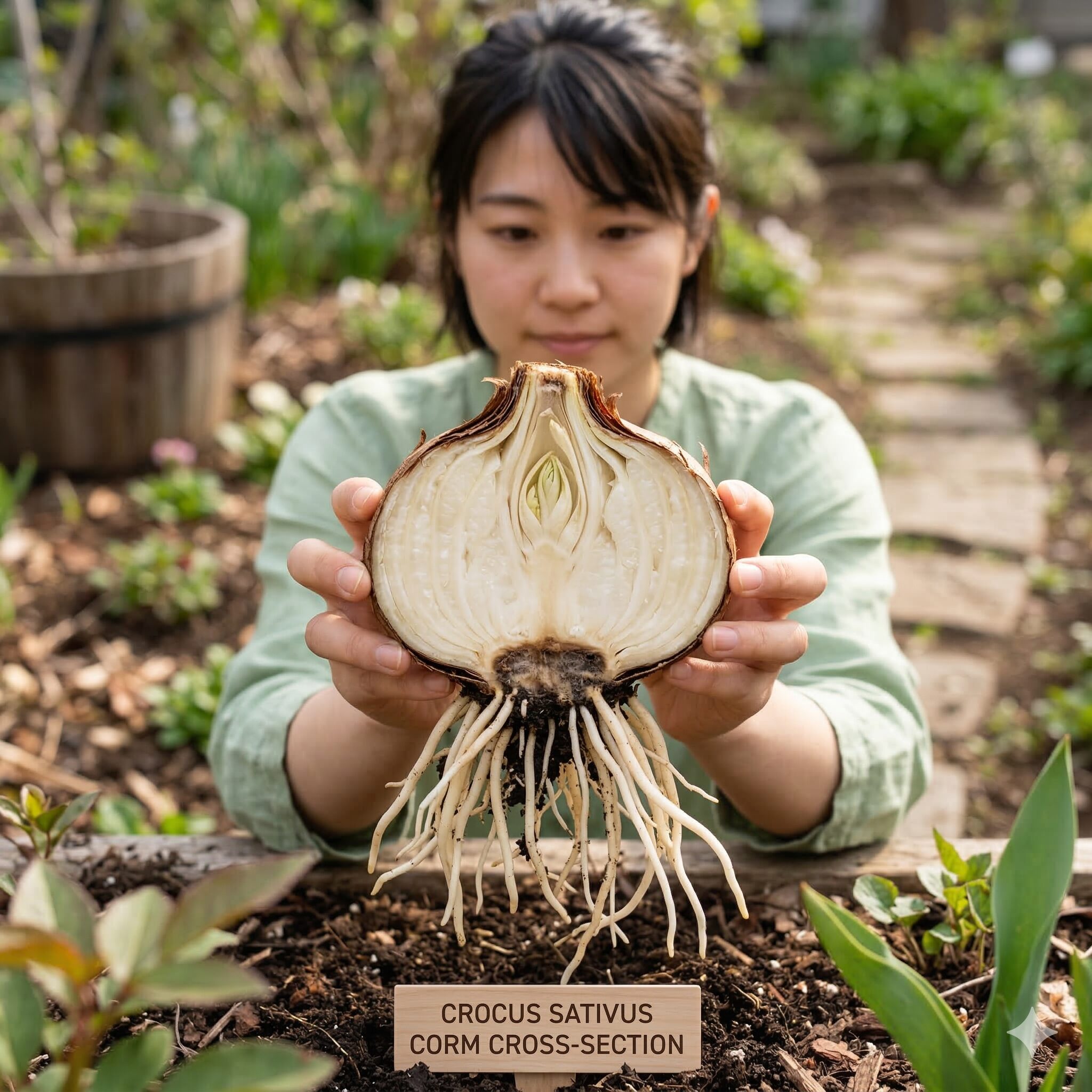 クロッカス 強さ2　栄養を蓄えたクロッカスの球茎とそこから伸びる元気な根の様子
