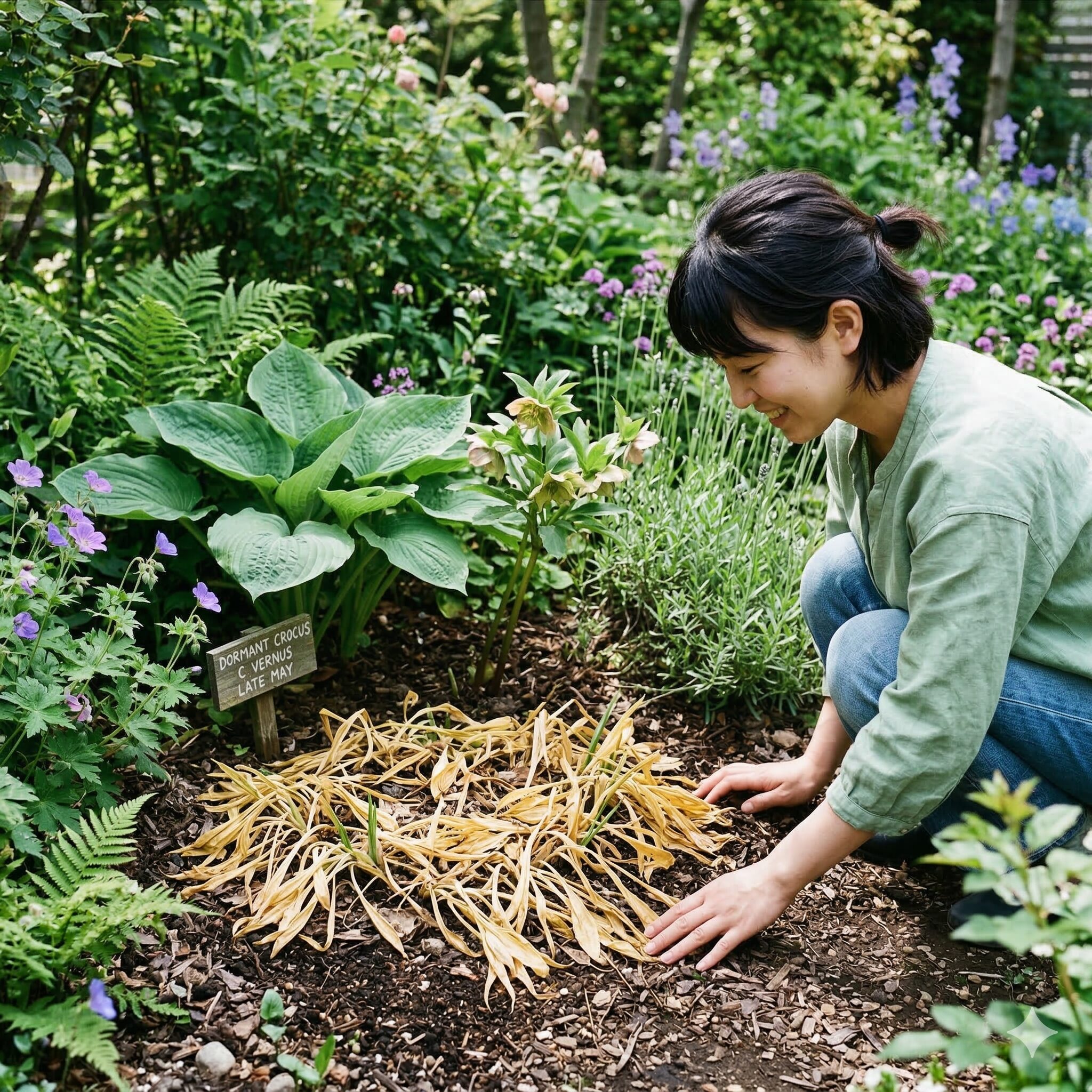 クロッカス 強さ3　夏の休眠に向けて葉が黄色く枯れ始めたクロッカスの自然な姿