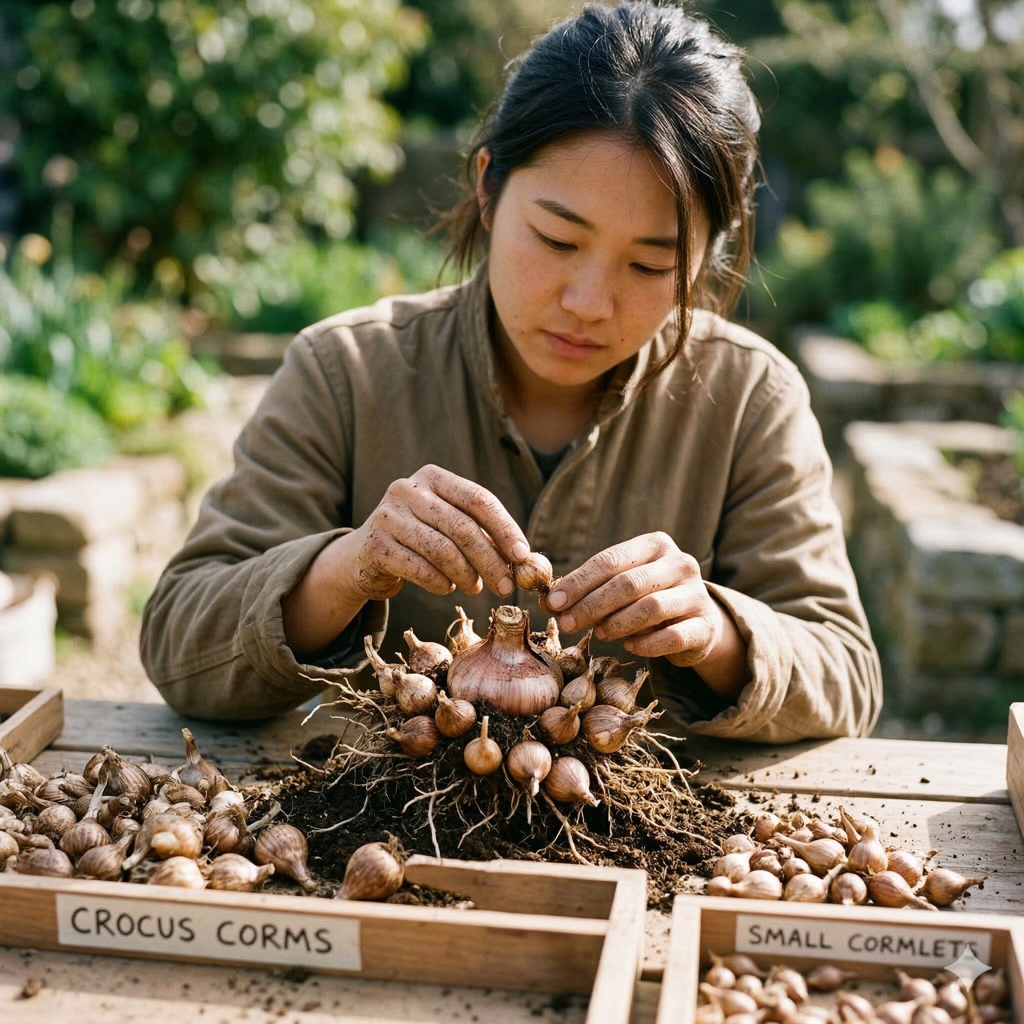 クロッカス 強さ5　掘り上げたクロッカスの球根を分球して選別するメンテナンス作業