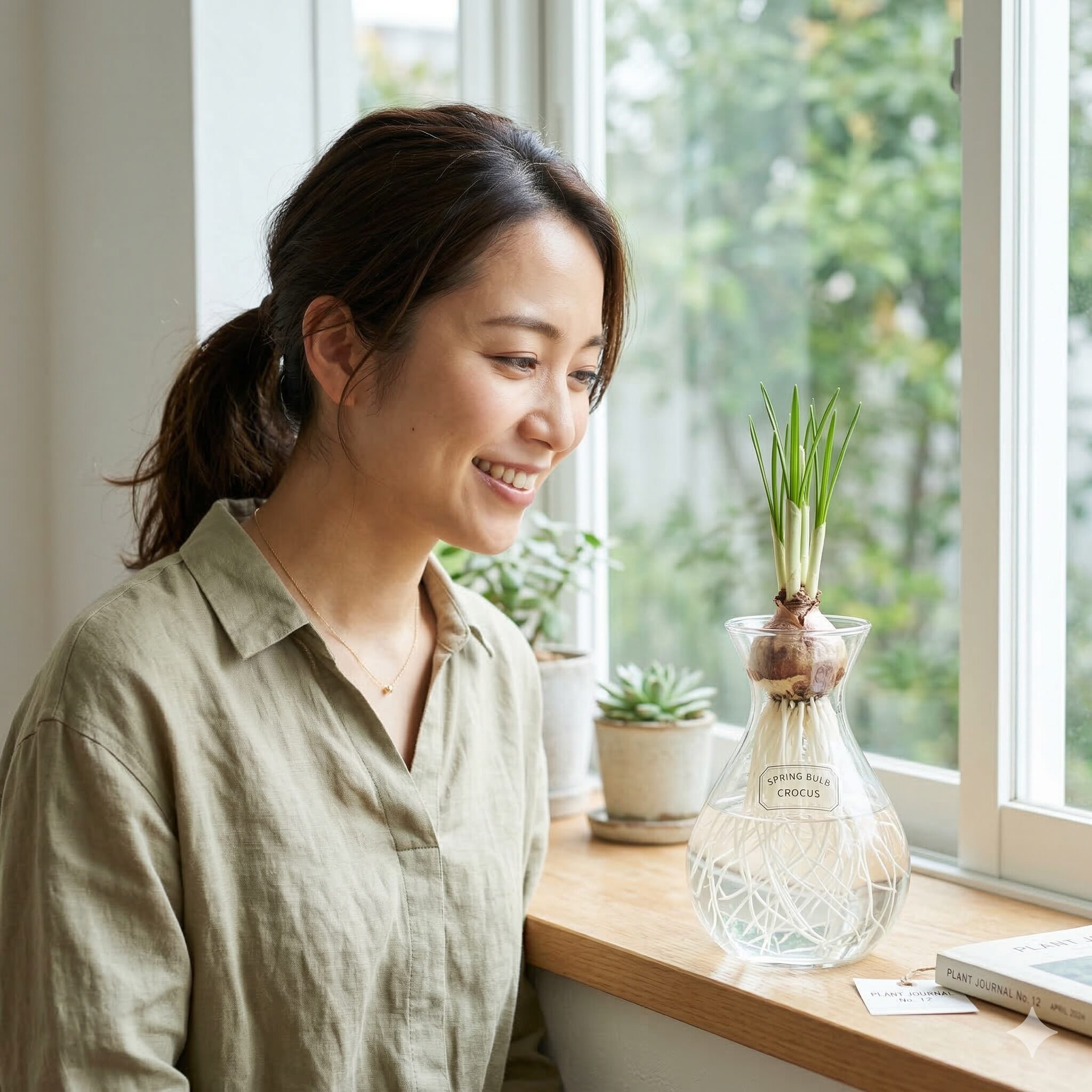 クロッカス 強さ9　ガラス容器で白い根が美しく伸びたクロッカスの水栽培の様子