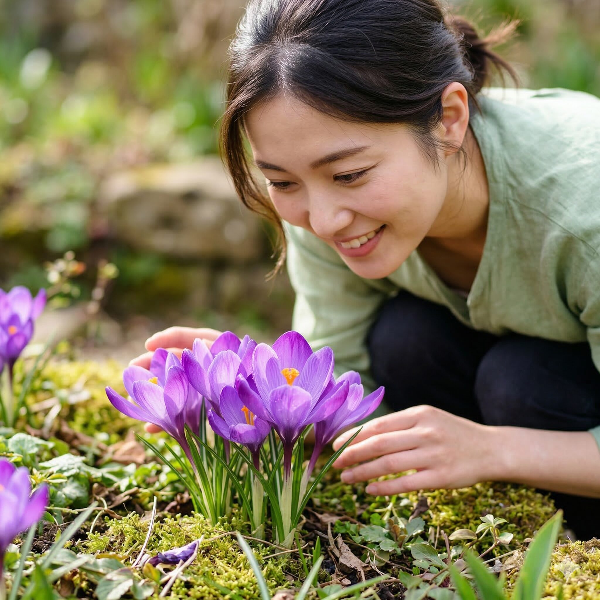 クロッカス 毒性1　庭の地面から顔を出した紫色の春咲きクロッカスの花
