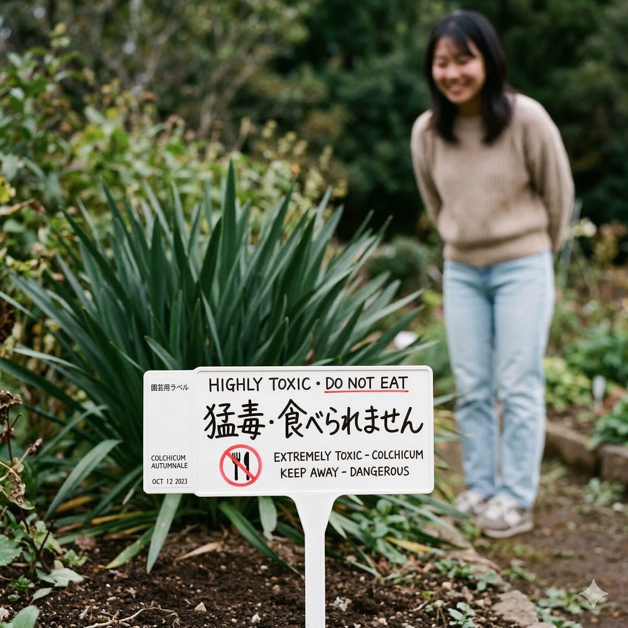 クロッカス 毒性10　植物の毒性を警告する日本語の園芸用ラベルの設置例