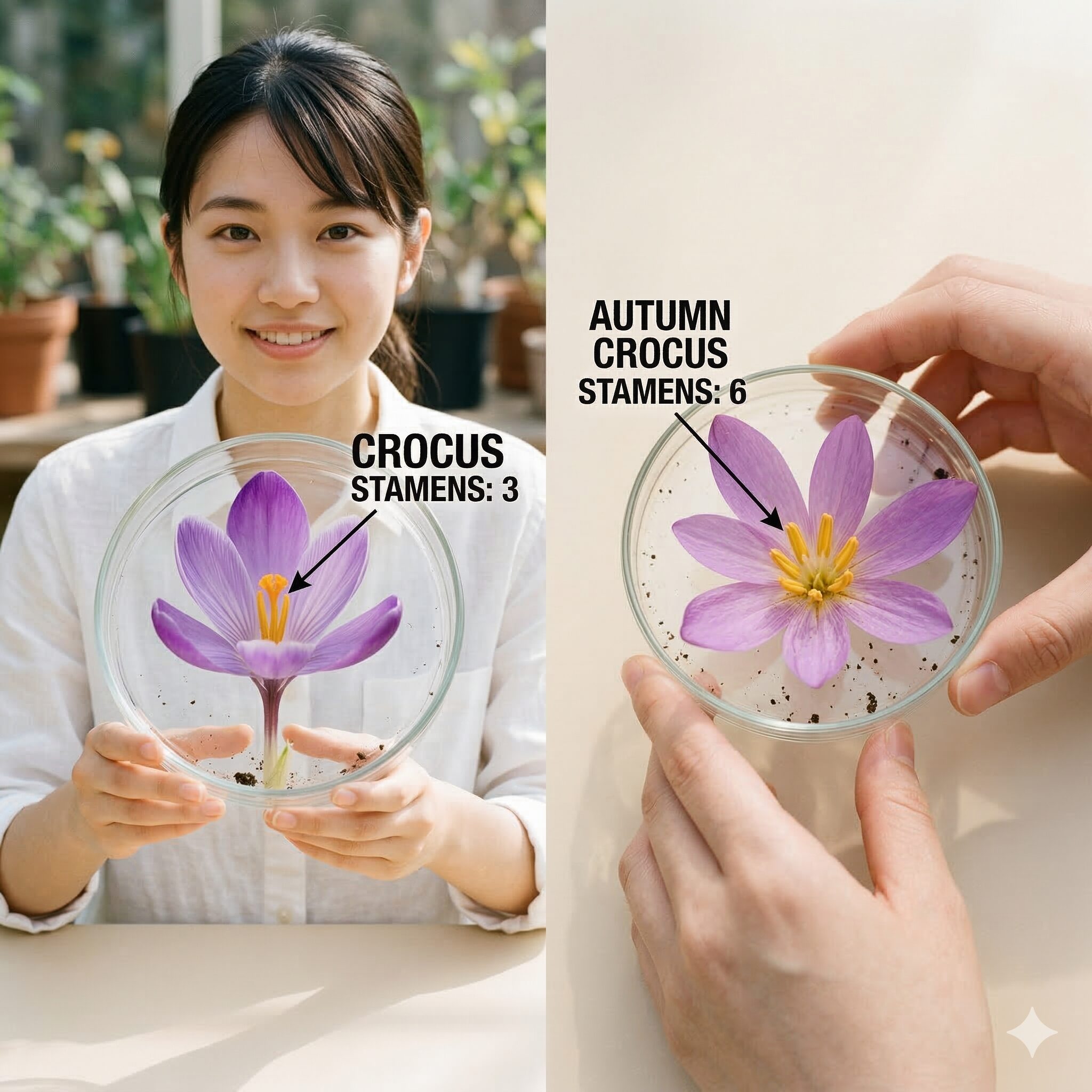 クロッカス 毒性2　おしべが3本のクロッカスとおしべが6本のイヌサフランの比較
