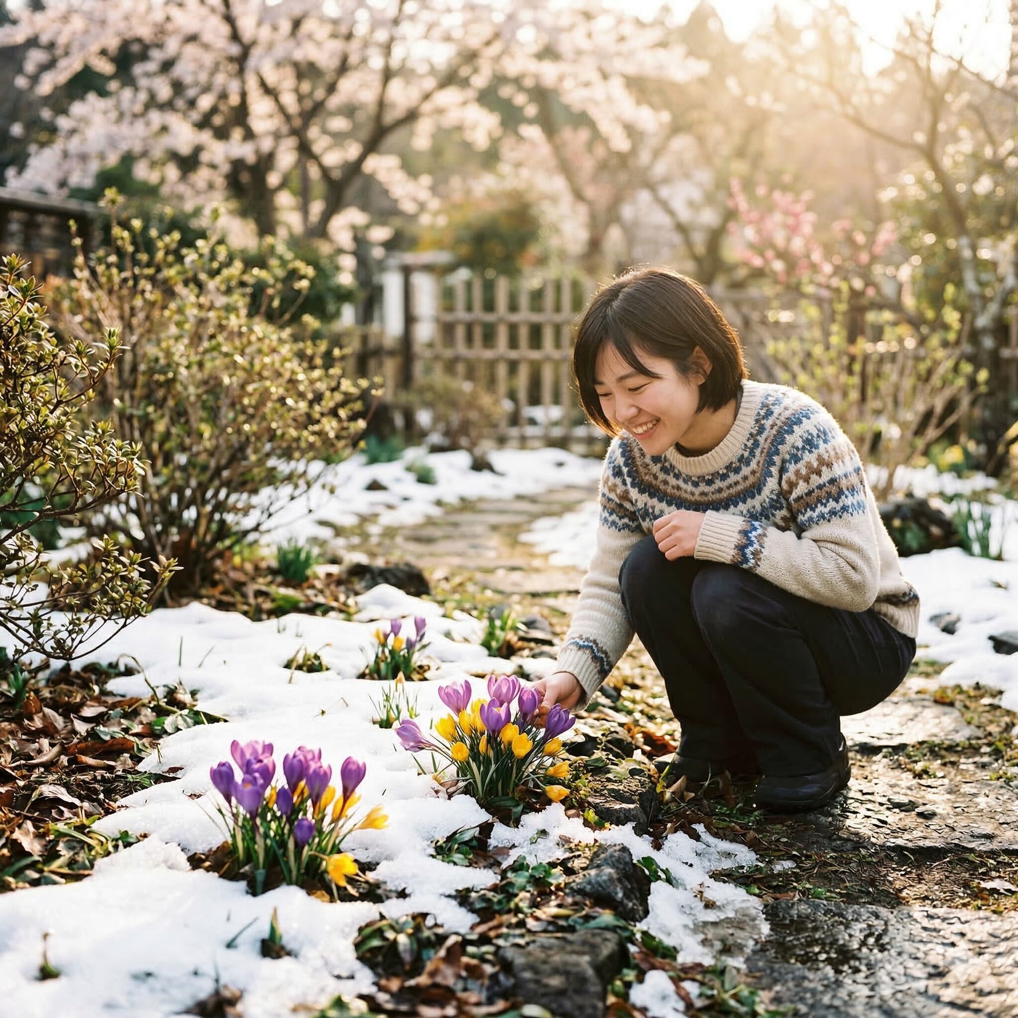 クロッカス 球根 植え方1　雪解けの地面から力強く咲き始めた紫と黄色のクロッカスの花