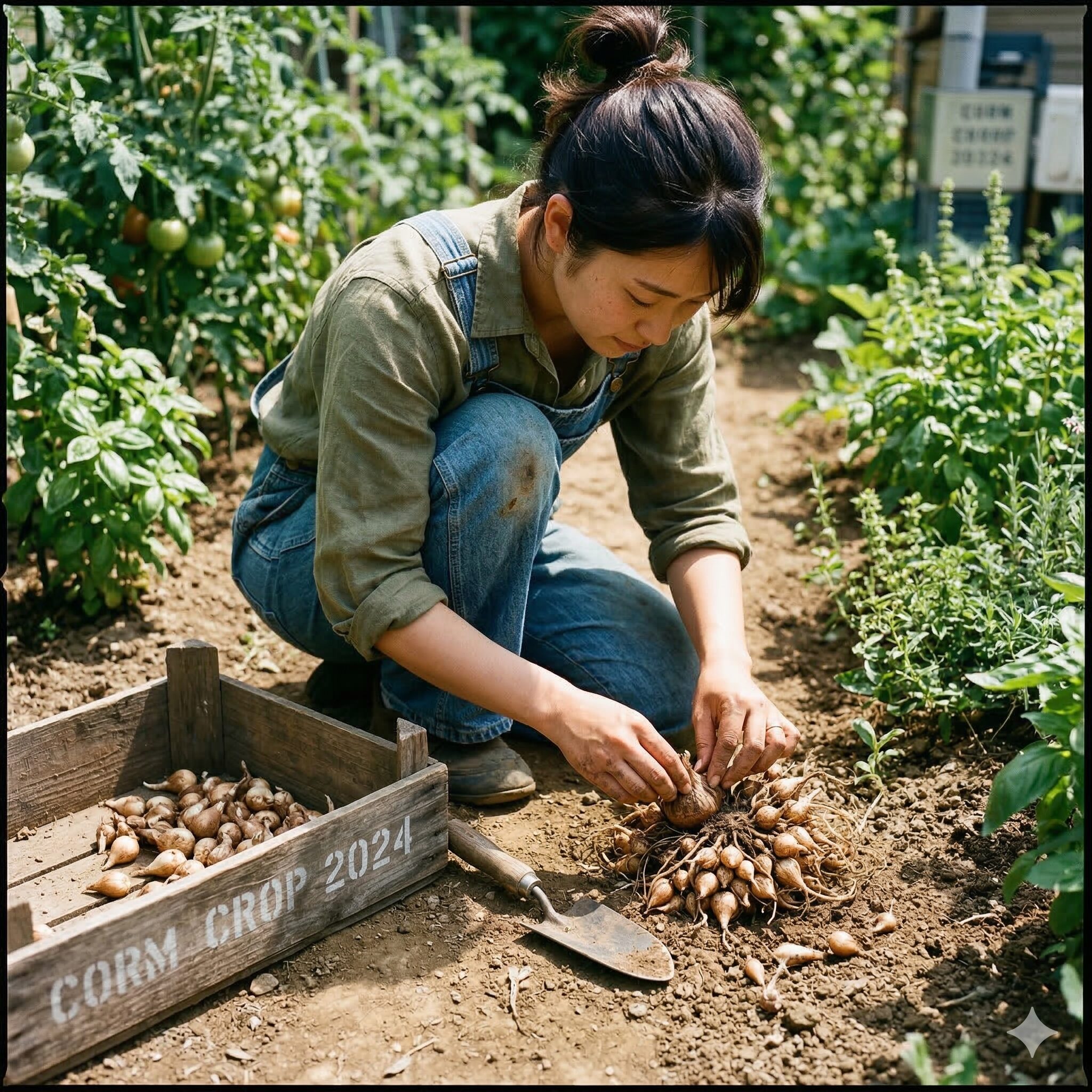 クロッカス 球根 植え方10　夏の休眠期に向けて地面から掘り上げられたクロッカスの球根