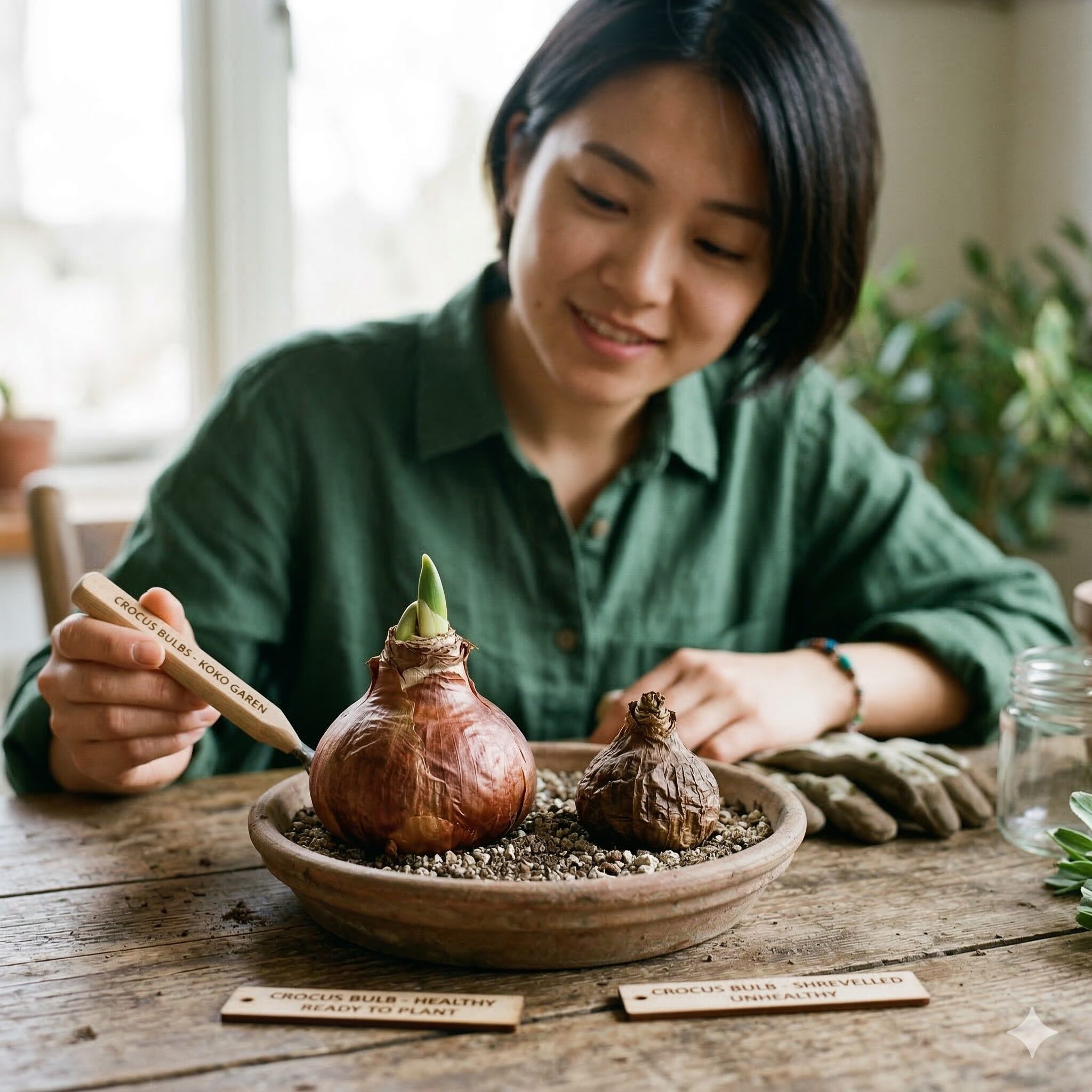 クロッカス 球根 植え方2　表面が乾燥し重量感がある健康なクロッカスの球根と不良品の比較