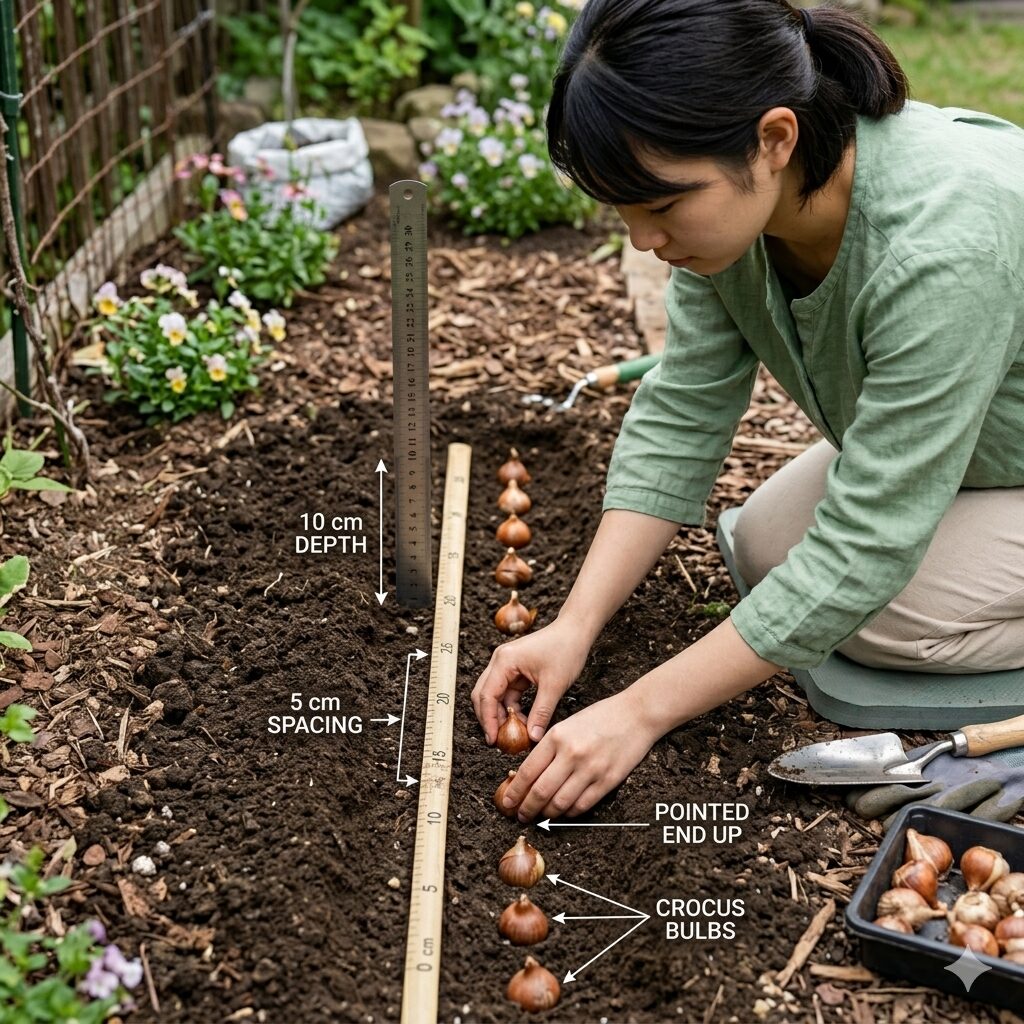 クロッカス 球根 植え方5　地植えで適切な深さと間隔に配置されたクロッカスの球根