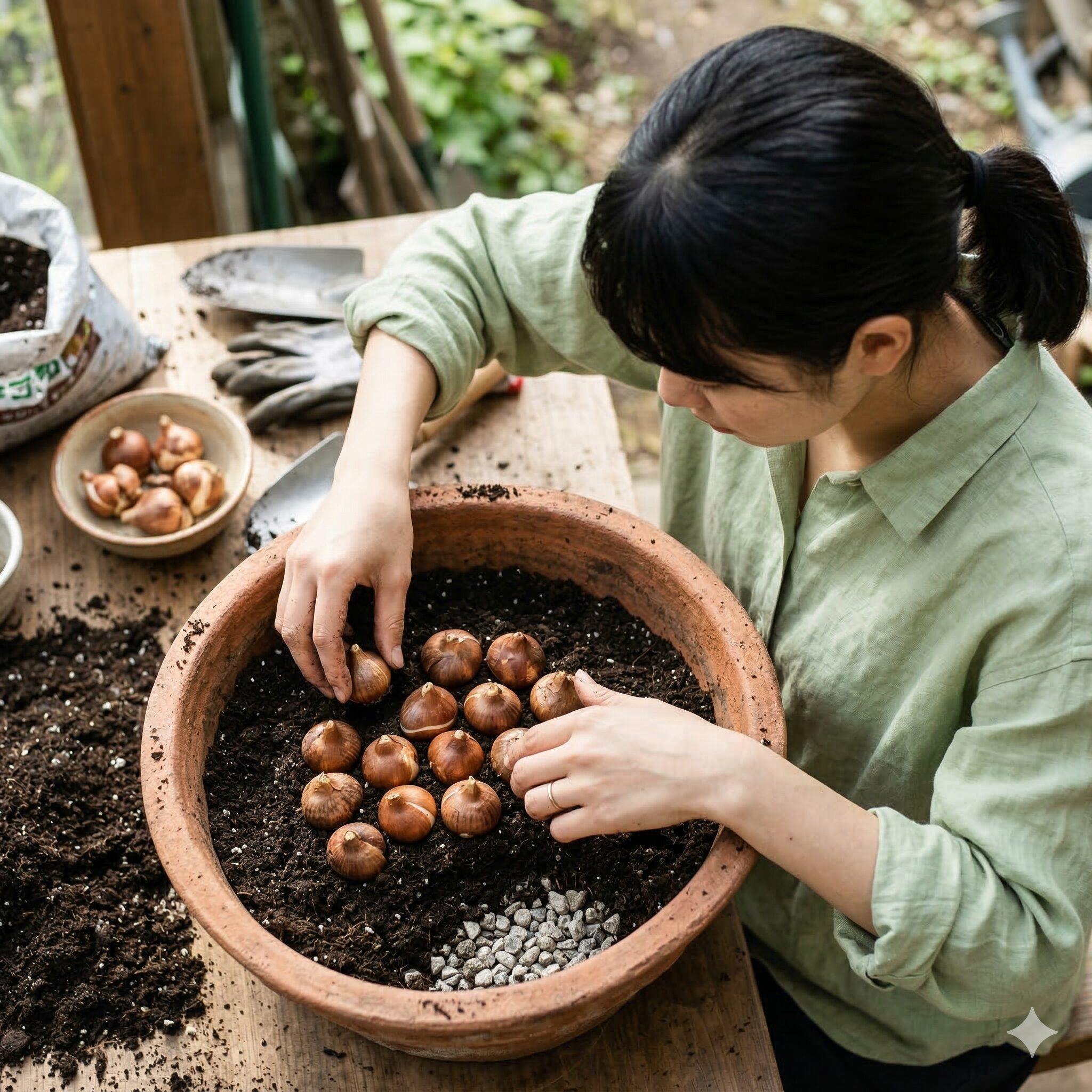 クロッカス 球根 植え方6　鉢植えで豪華に開花させるための球根の密植作業