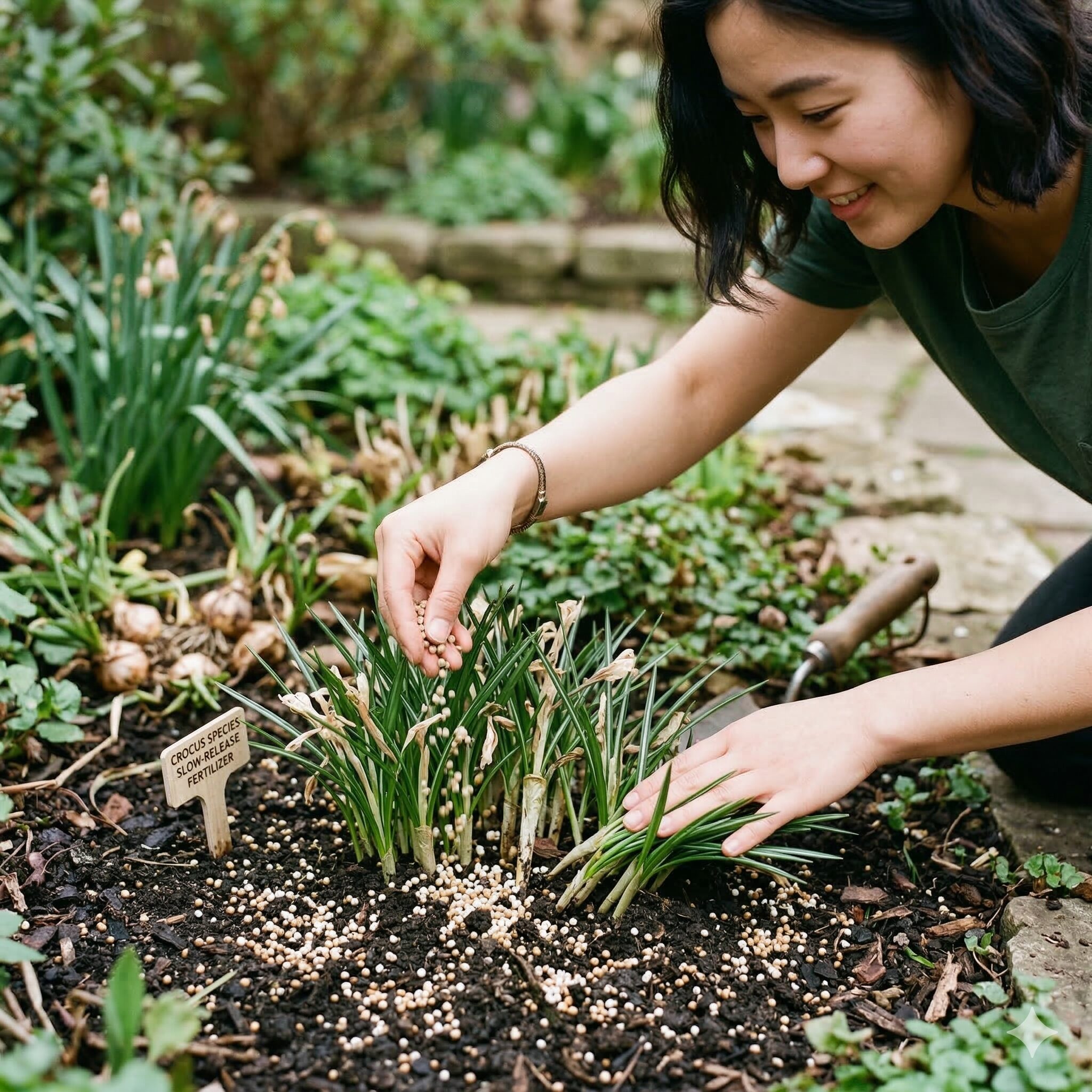 クロッカス 球根 植え方8　翌年の球根を太らせるために花後のクロッカスへお礼肥を与える様子