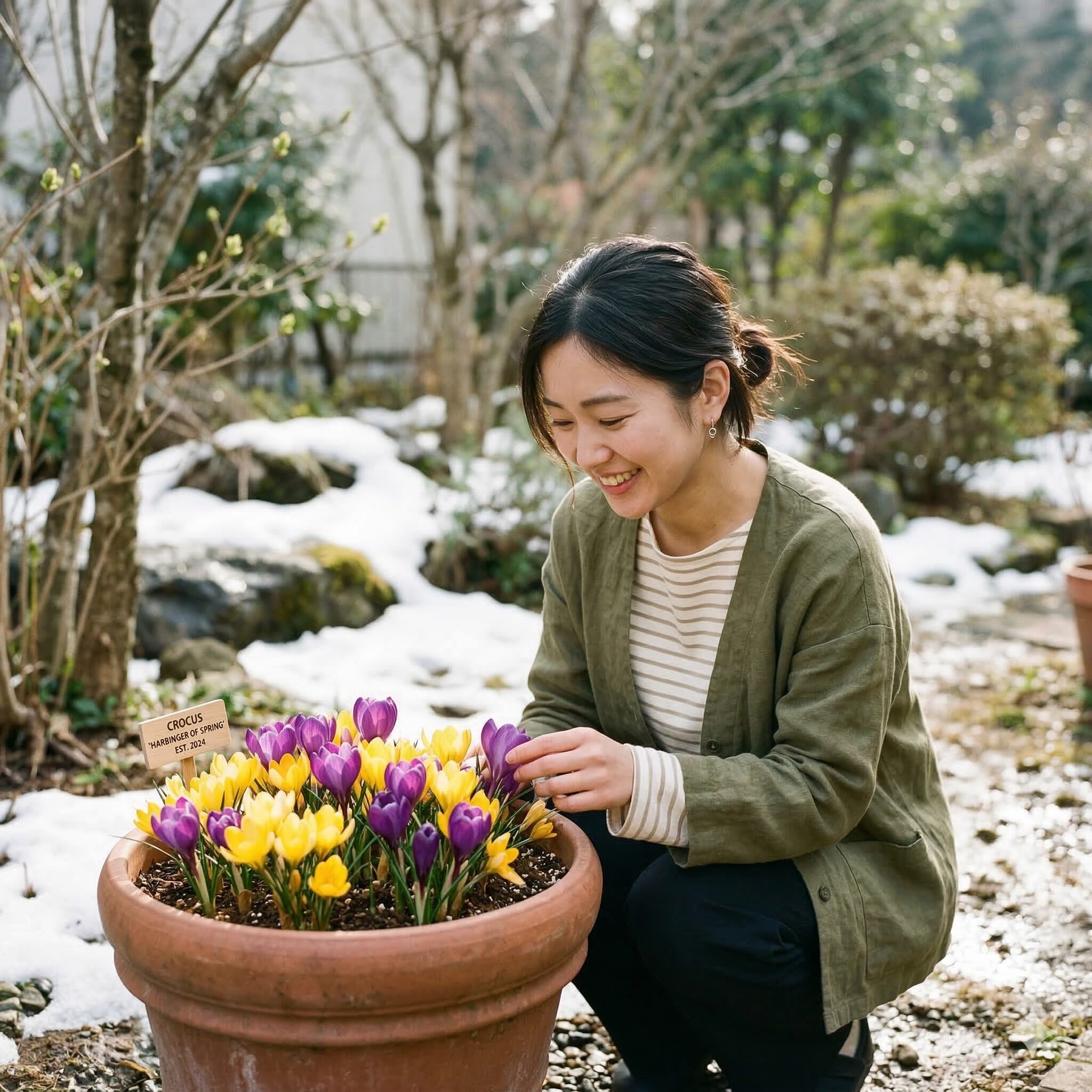 クロッカス 鉢植え 植えっぱなし1　早春の光を浴びて鉢植えで鮮やかに咲く黄色と紫のクロッカスの花