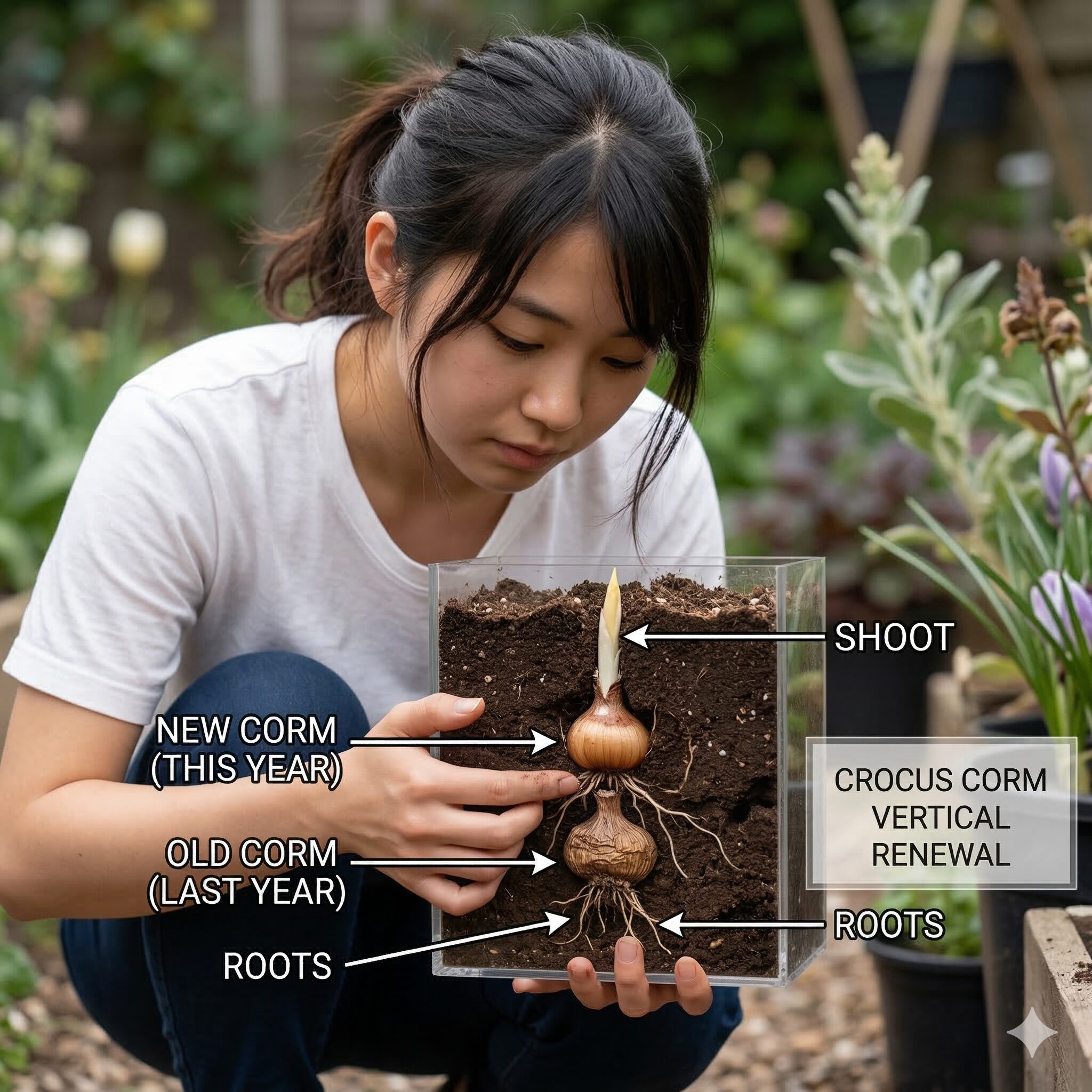 クロッカス 鉢植え 植えっぱなし2　古い球根の上に新しい子球が形成されるクロッカスの垂直更新の様子