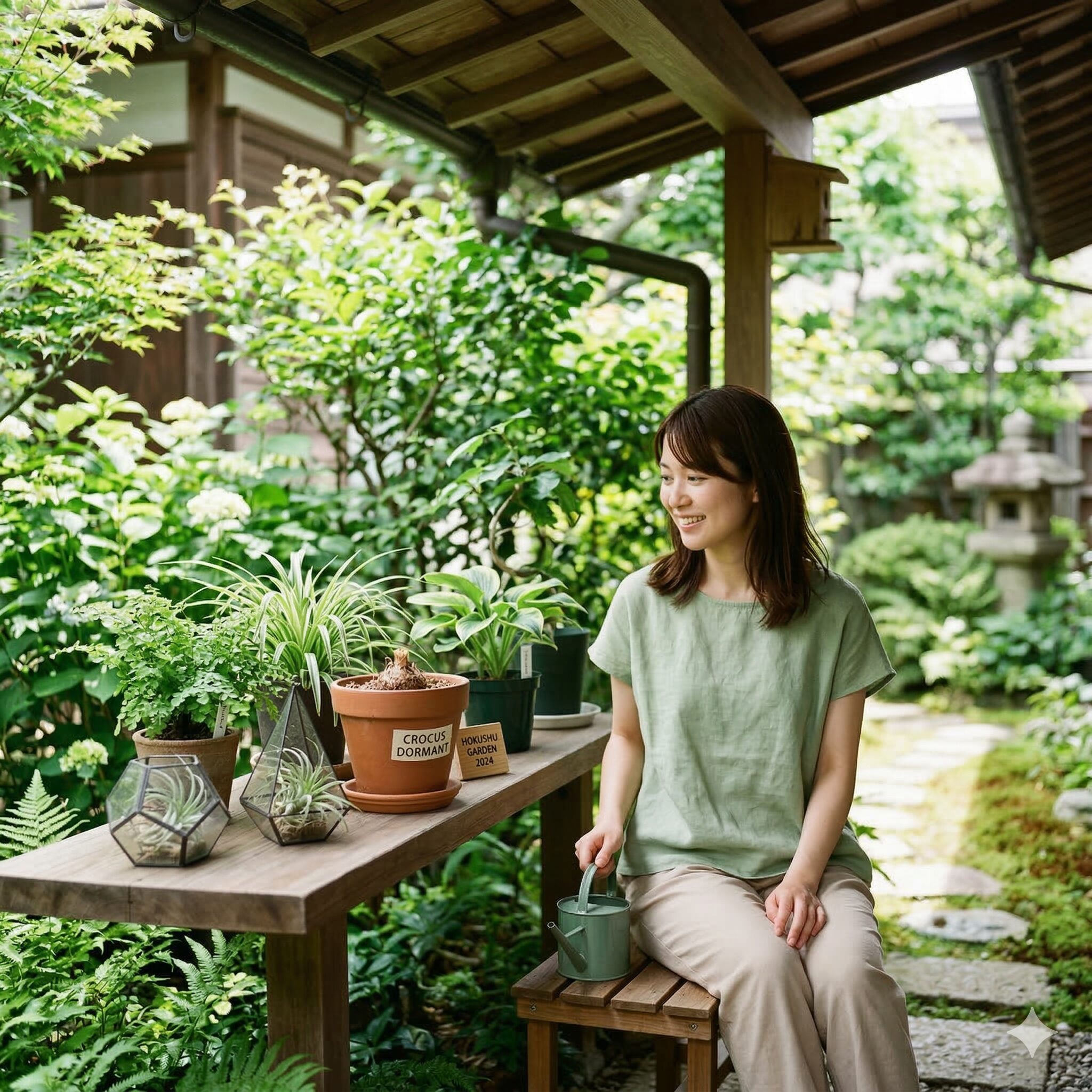 クロッカス 鉢植え 植えっぱなし5　夏の休眠期に雨の当たらない日陰の軒下で管理されるクロッカスの鉢植え