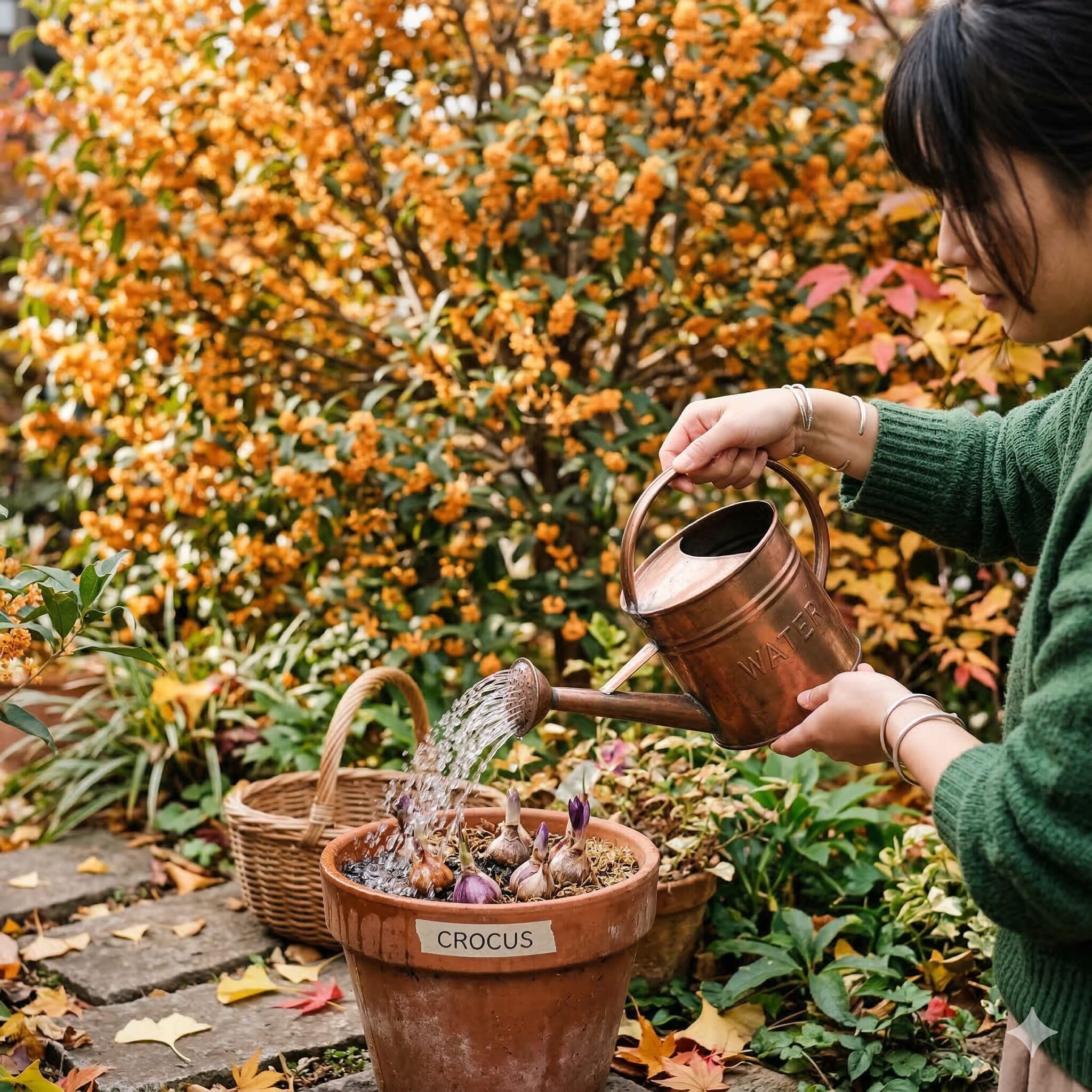 クロッカス 鉢植え 植えっぱなし6　秋になりキンモクセイの香る時期にクロッカスの水やりを再開する様子