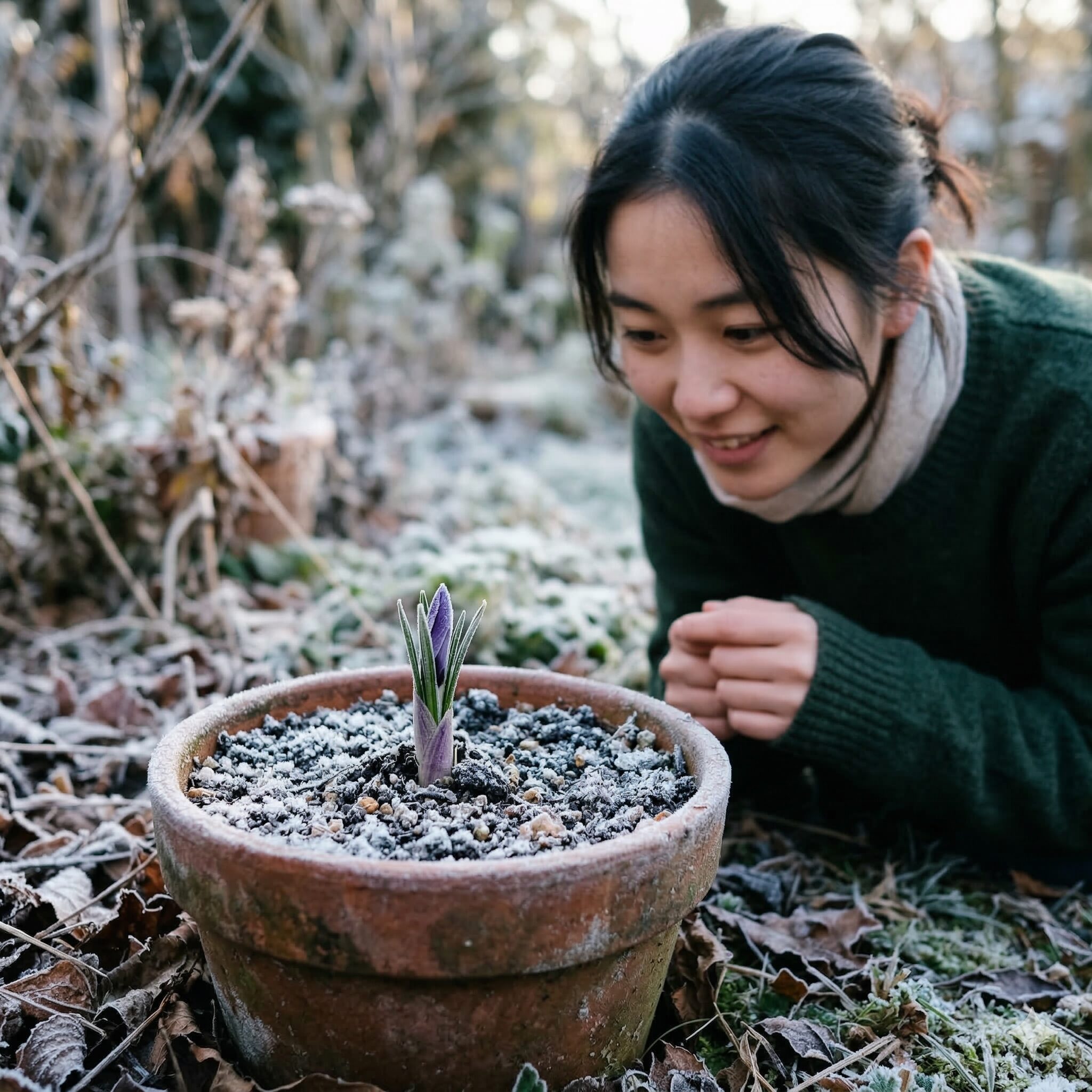 クロッカス 鉢植え 植えっぱなし7　冬の寒さに当たりながら土の中から芽を出し始めたクロッカス