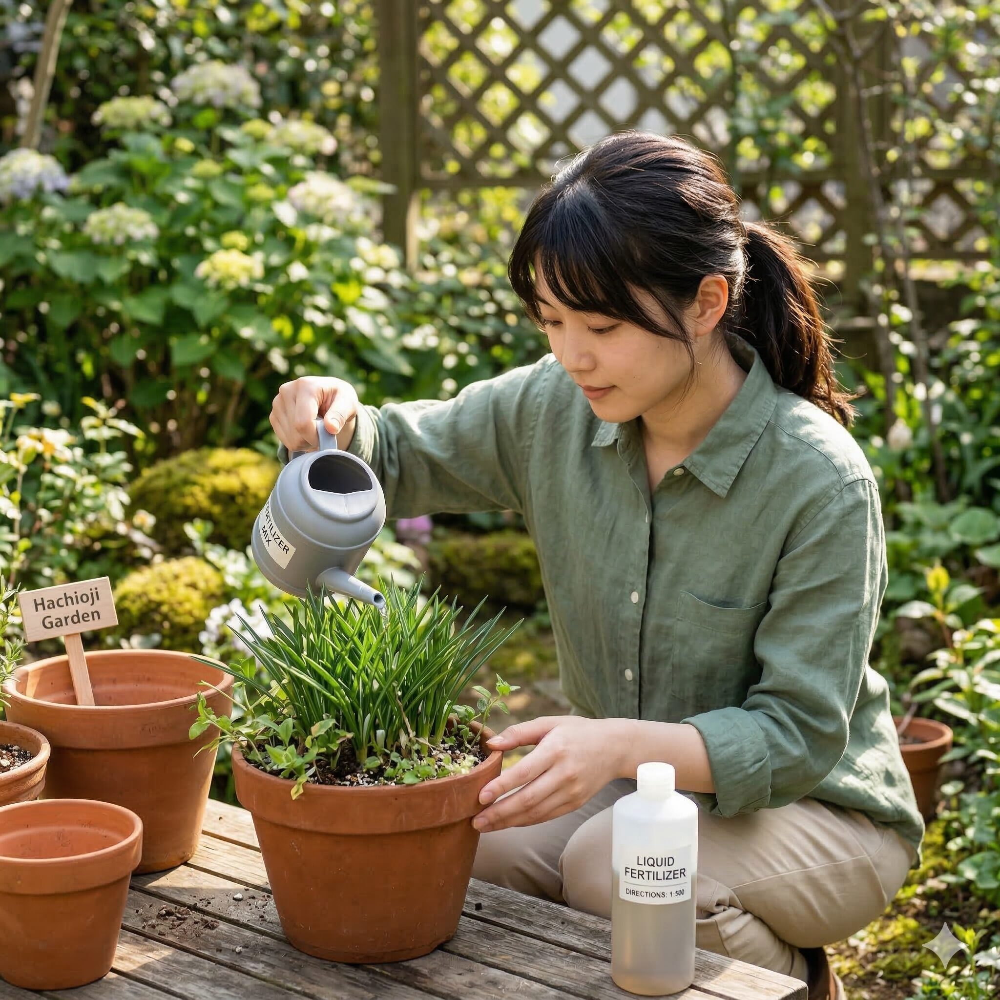 クロッカス 鉢植え 植えっぱなし8　来年の開花のためにクロッカスの葉にお礼肥を与えている様子
