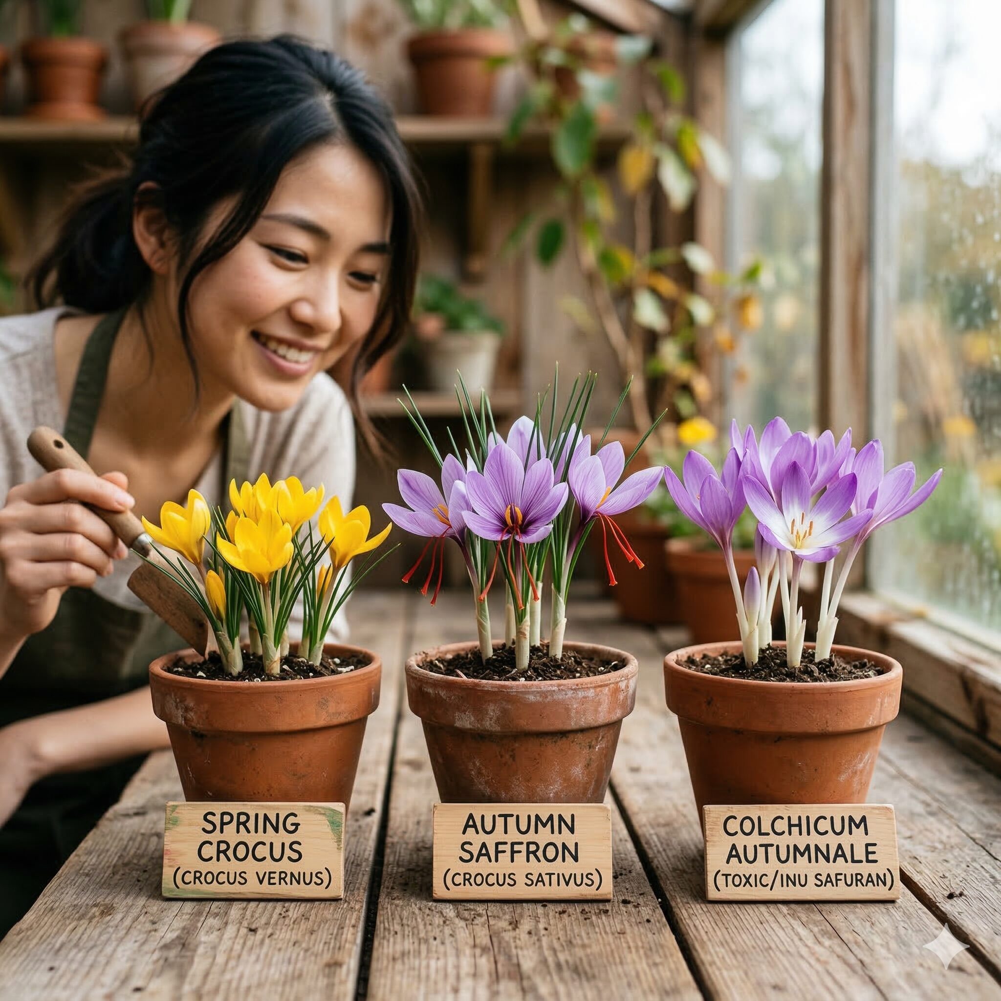 クロッカスとサフランの違い1　春咲きクロッカス、薬用サフラン、有毒イヌサフランの3種を並べて比較した写真。外見の違いを分かりやすく提示。