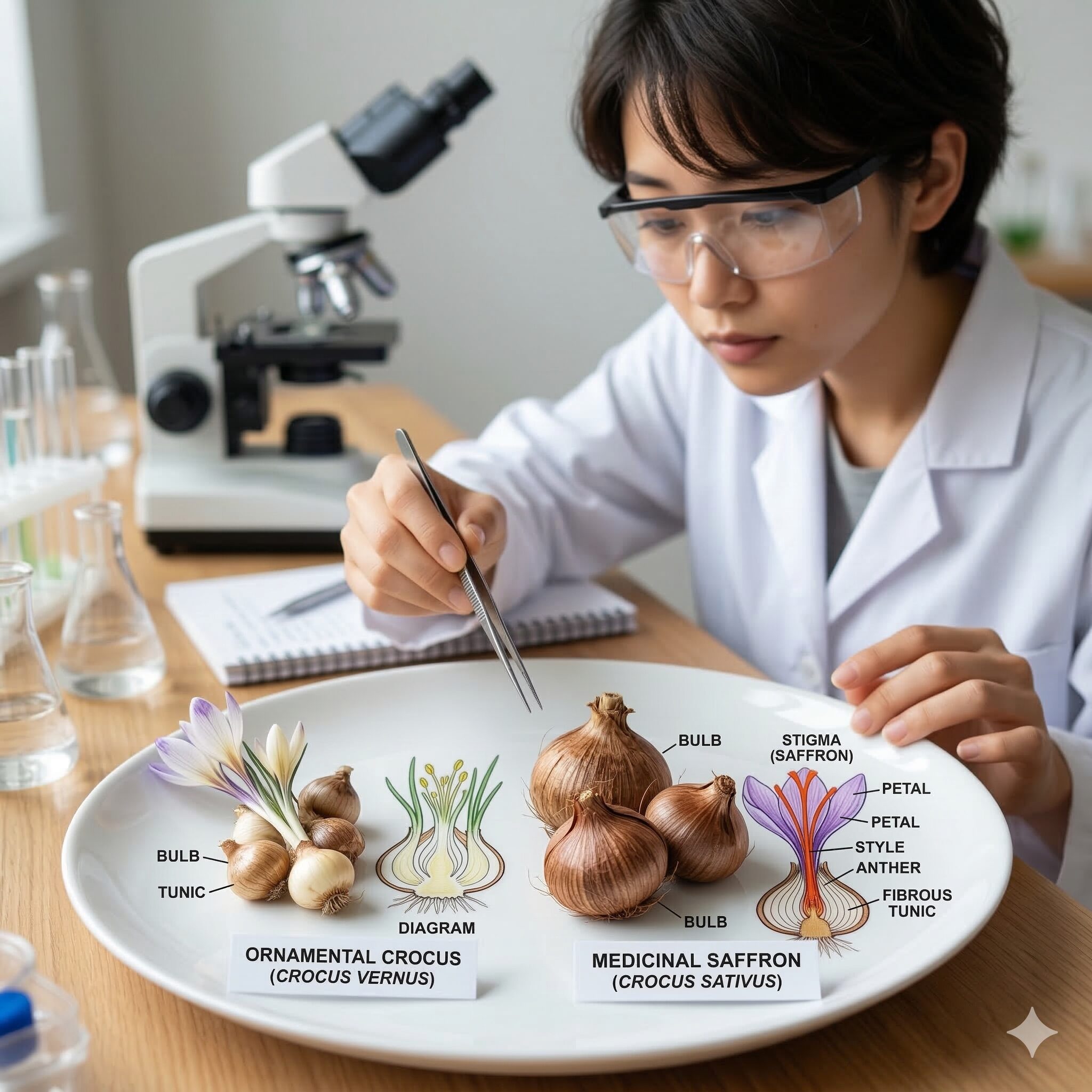 クロッカスとサフランの違い2　観賞用の花サフランと薬用サフランの球根および花の内部構造の比較。三倍体であるサフランの特徴を視覚化。
