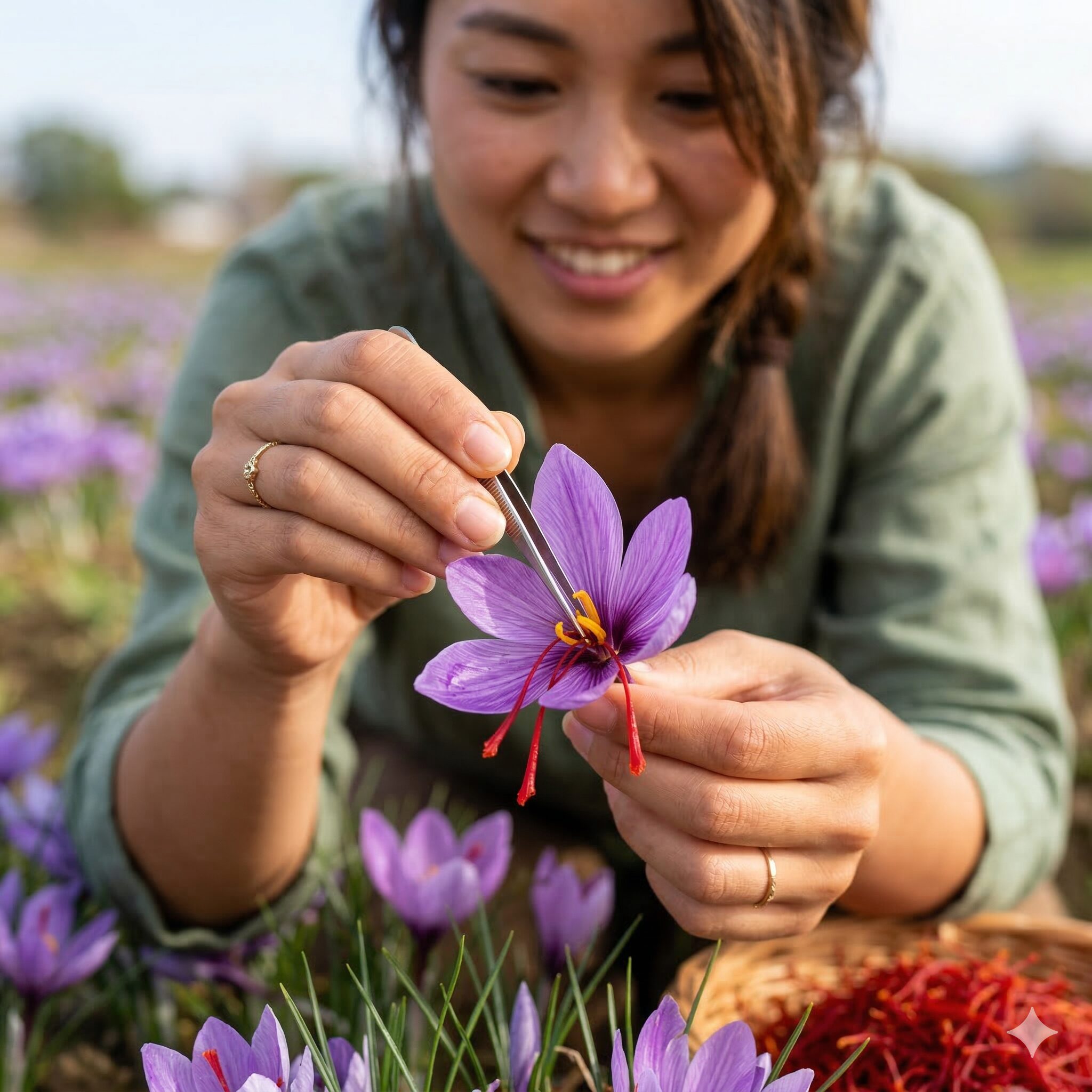 クロッカスとサフランの違い4　薬用サフラン最大の特徴である、花弁の外まで長く伸びる3本の赤い雌しべの拡大写真。