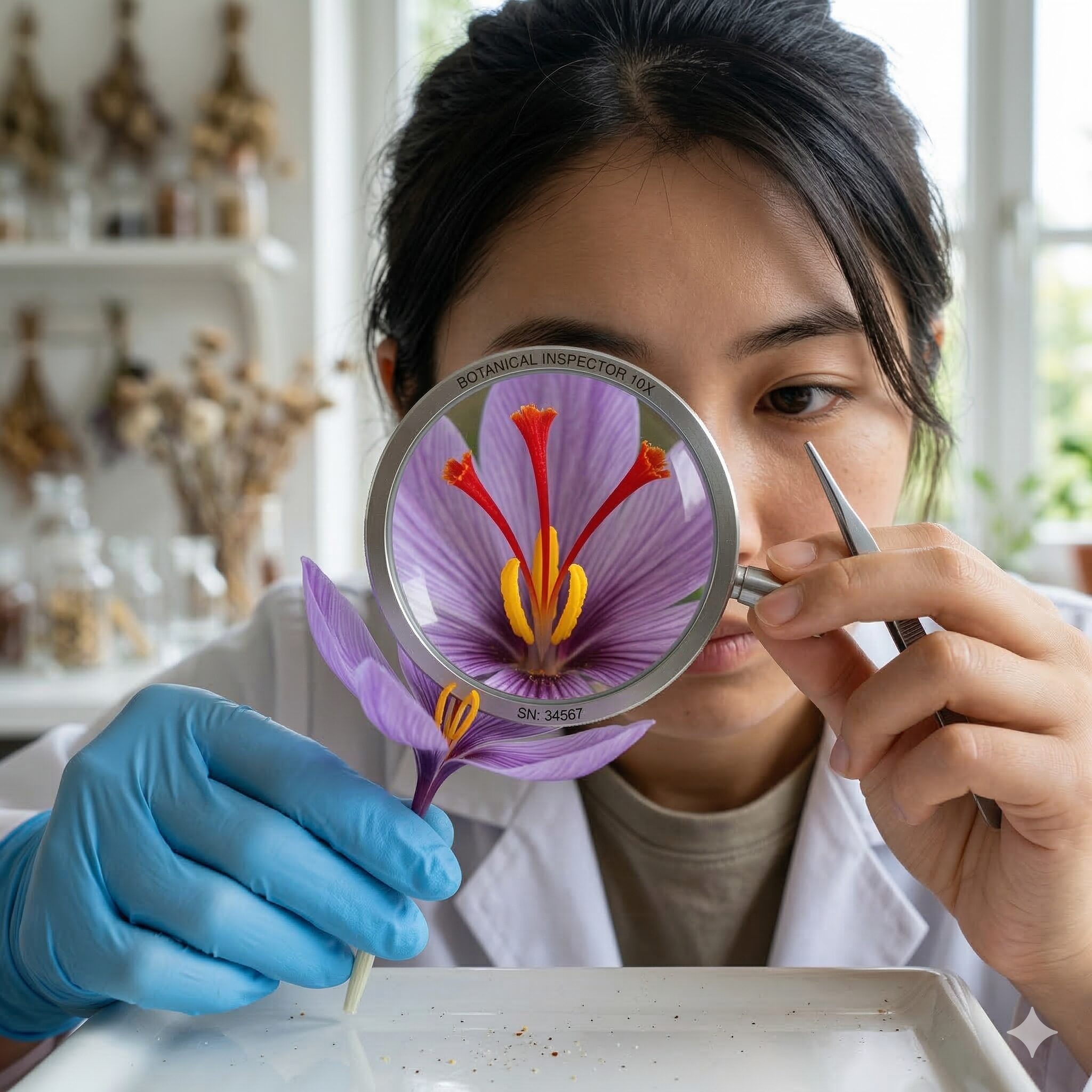 クロッカスとサフランの違い5　ルーペで拡大したサフランの雌しべと雄しべ。3本ずつある本数と形状の細部を確認できる画像。