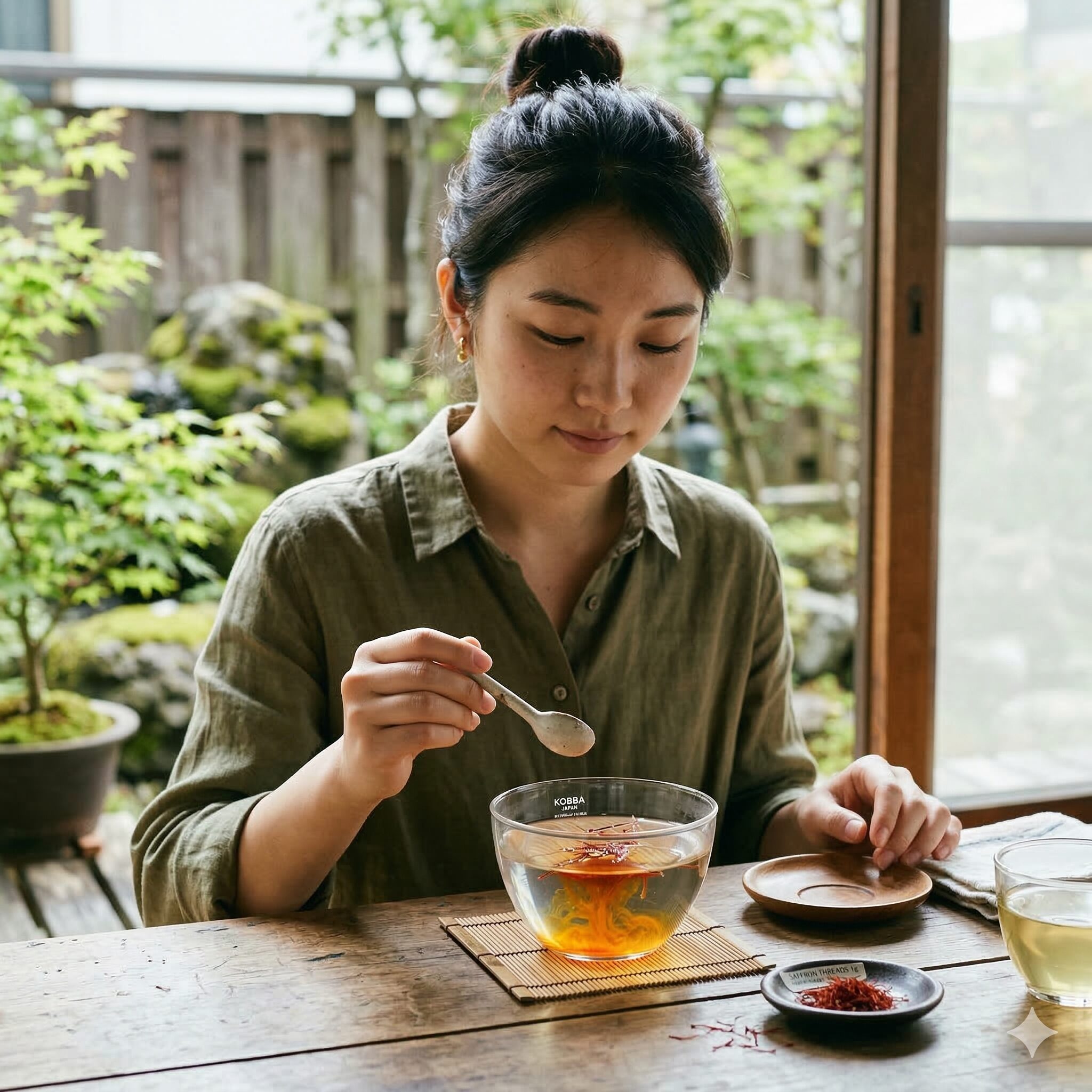 クロッカスとサフランの違い6　サフランを水に浸して、色素成分クロシンが黄金色に溶け出している様子。水溶性の性質を証明。