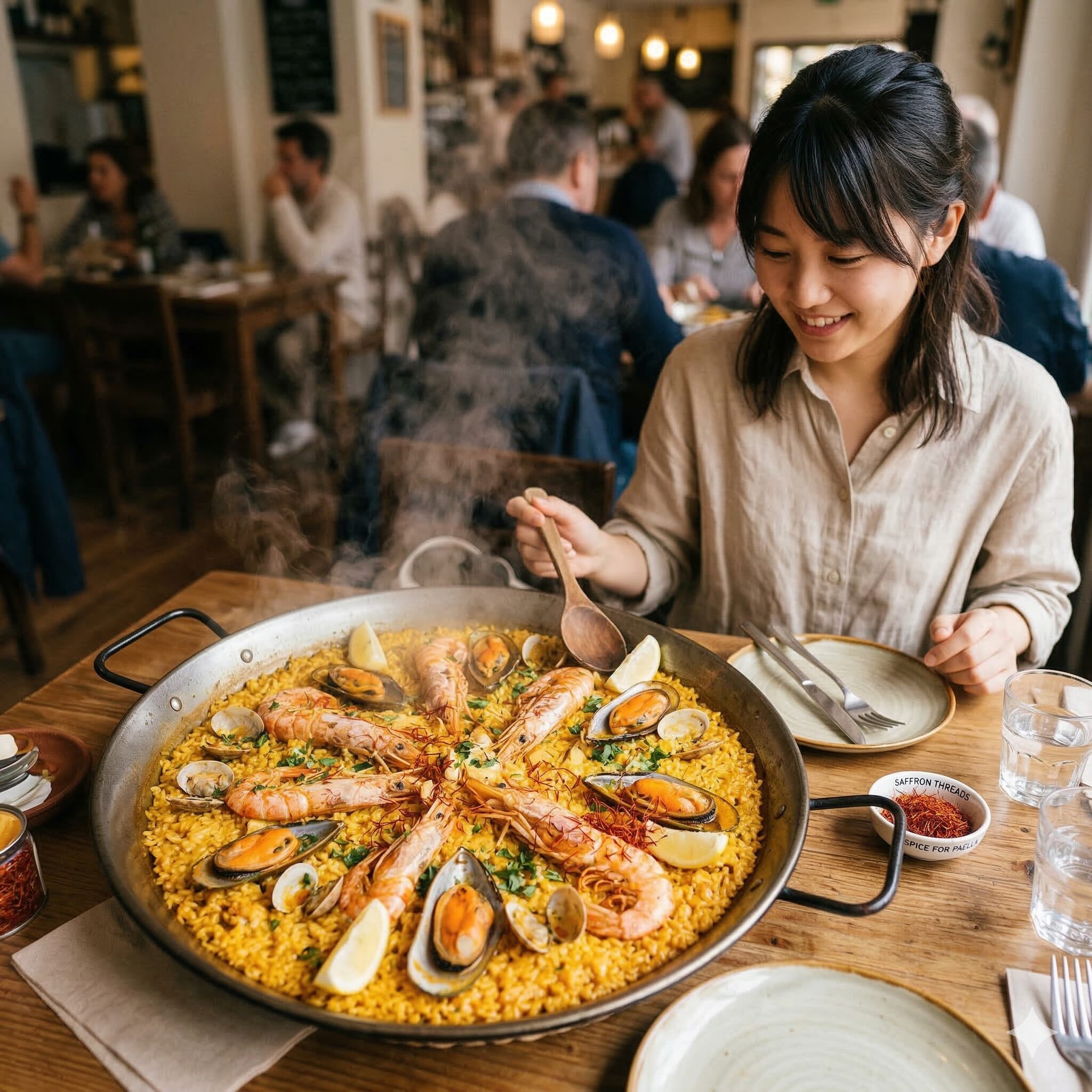 クロッカスとサフランの違い7　サフランを使用して鮮やかな黄金色に炊き上がった本格的なパエリア。高級スパイスとしての調理例。